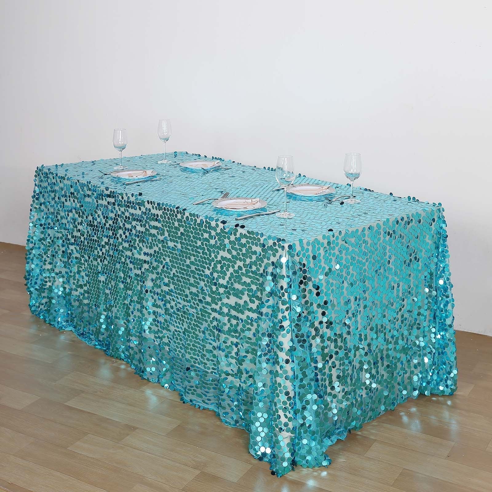 Sequin 90"x132" Rectangle Tablecloth Turquoise - Seamless Big Payette Table Cover - Linen Luxes