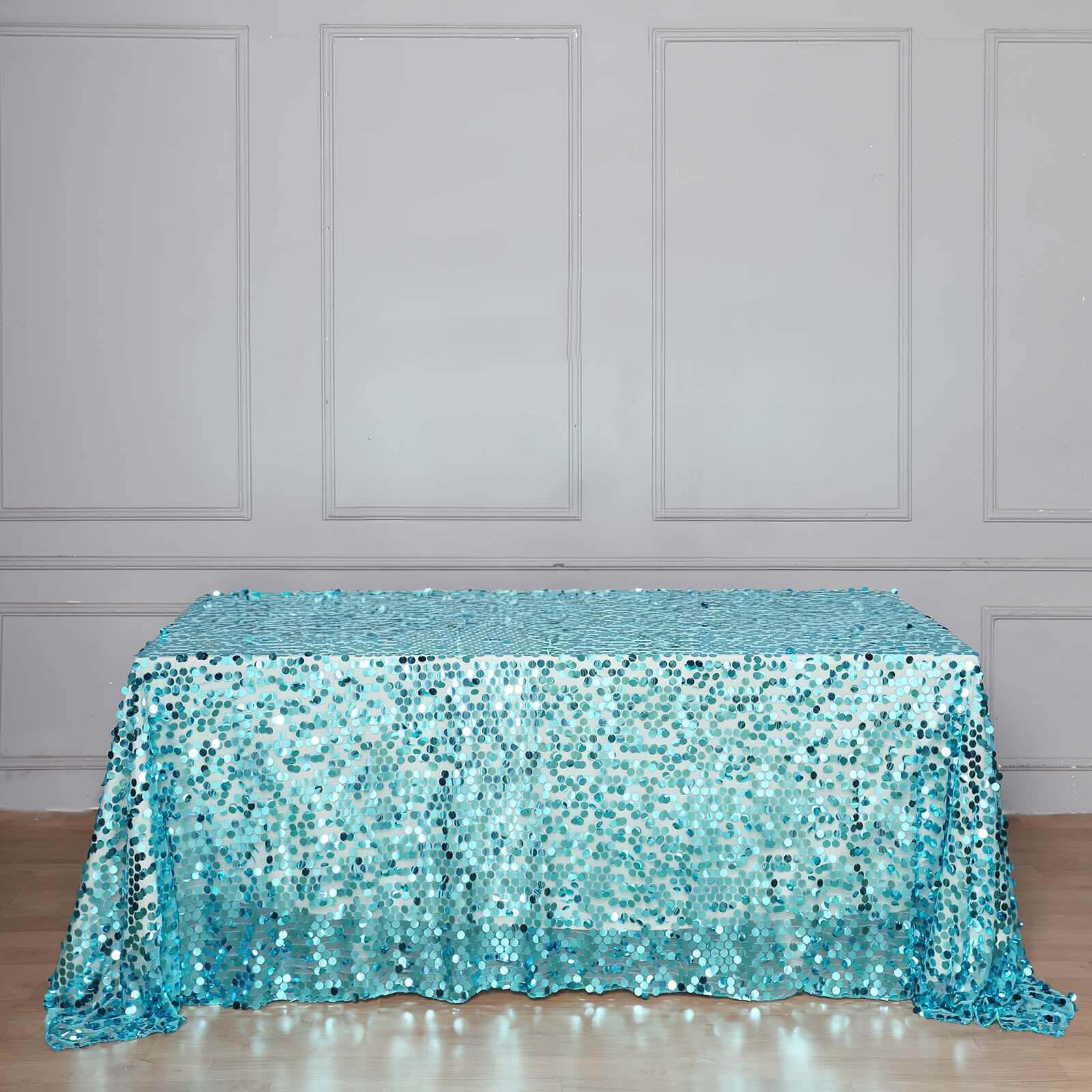 Sequin 90"x132" Rectangle Tablecloth Turquoise - Seamless Big Payette Table Cover - Linen Luxes