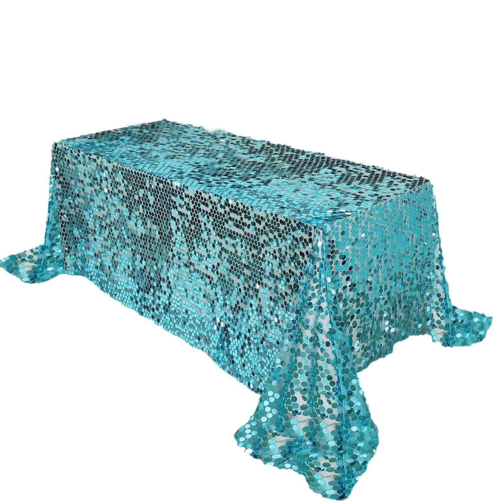 Sequin 90"x132" Rectangle Tablecloth Turquoise - Seamless Big Payette Table Cover - Linen Luxes