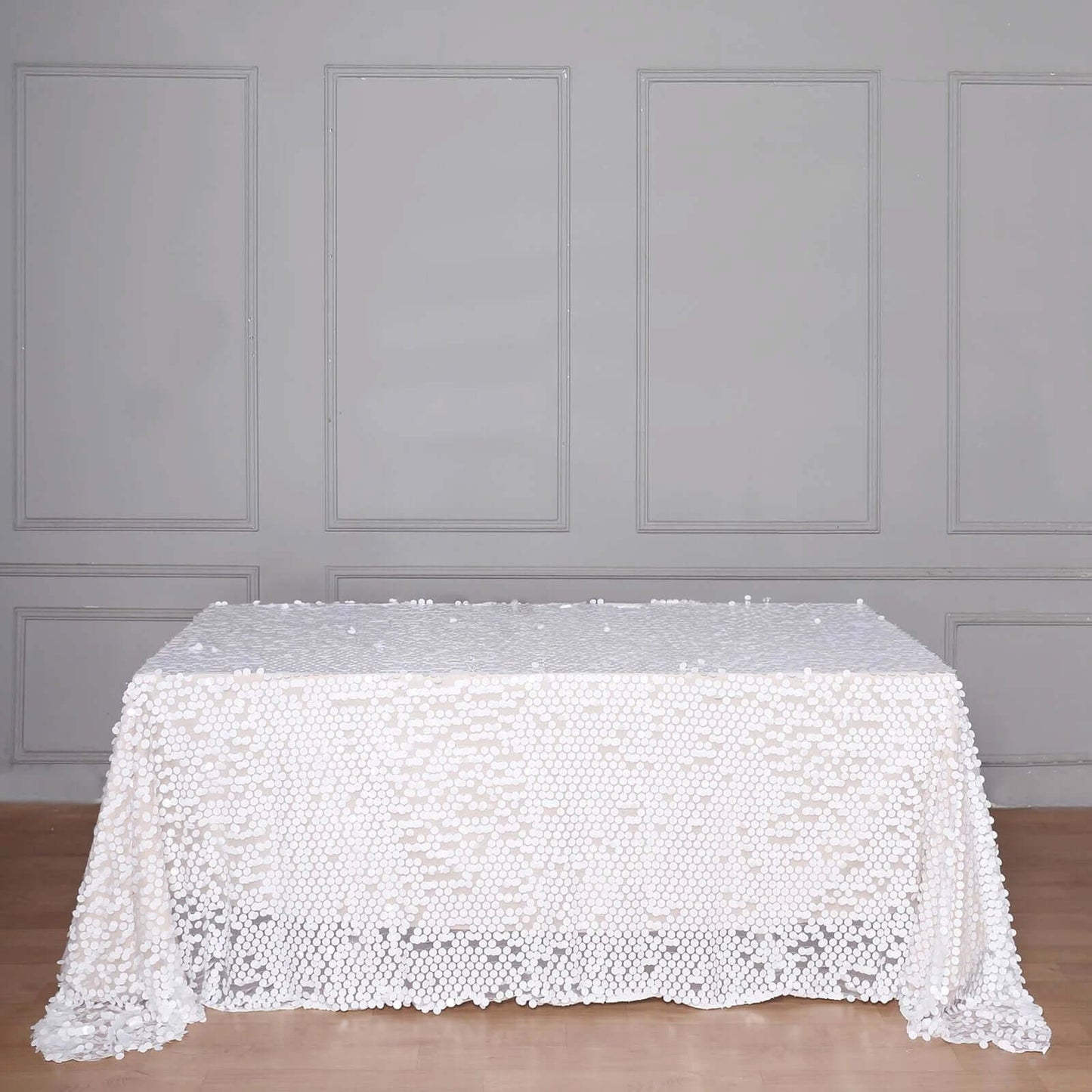 Sequin 90"x132" Rectangle Tablecloth White - Seamless Big Payette Design for Sophisticated Occasions - Linen Luxes