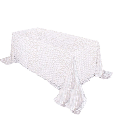 Sequin 90"x132" Rectangle Tablecloth White - Seamless Big Payette Design for Sophisticated Occasions - Linen Luxes