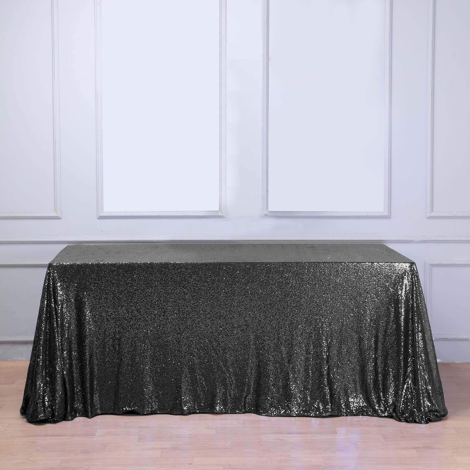 Sequin 90"x156" Rectangle Tablecloth Black - Seamless Twinkling Table Cover - Linen Luxes