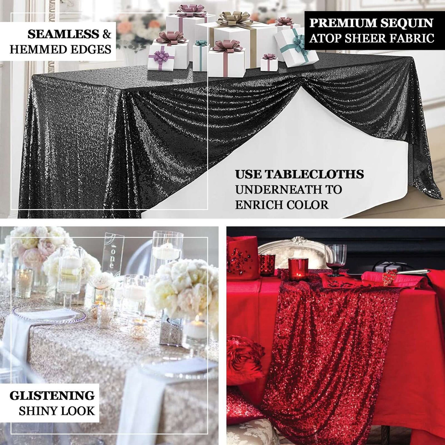Sequin 90"x156" Rectangle Tablecloth Champagne - Seamless Twinkling Table Cover - Linen Luxes
