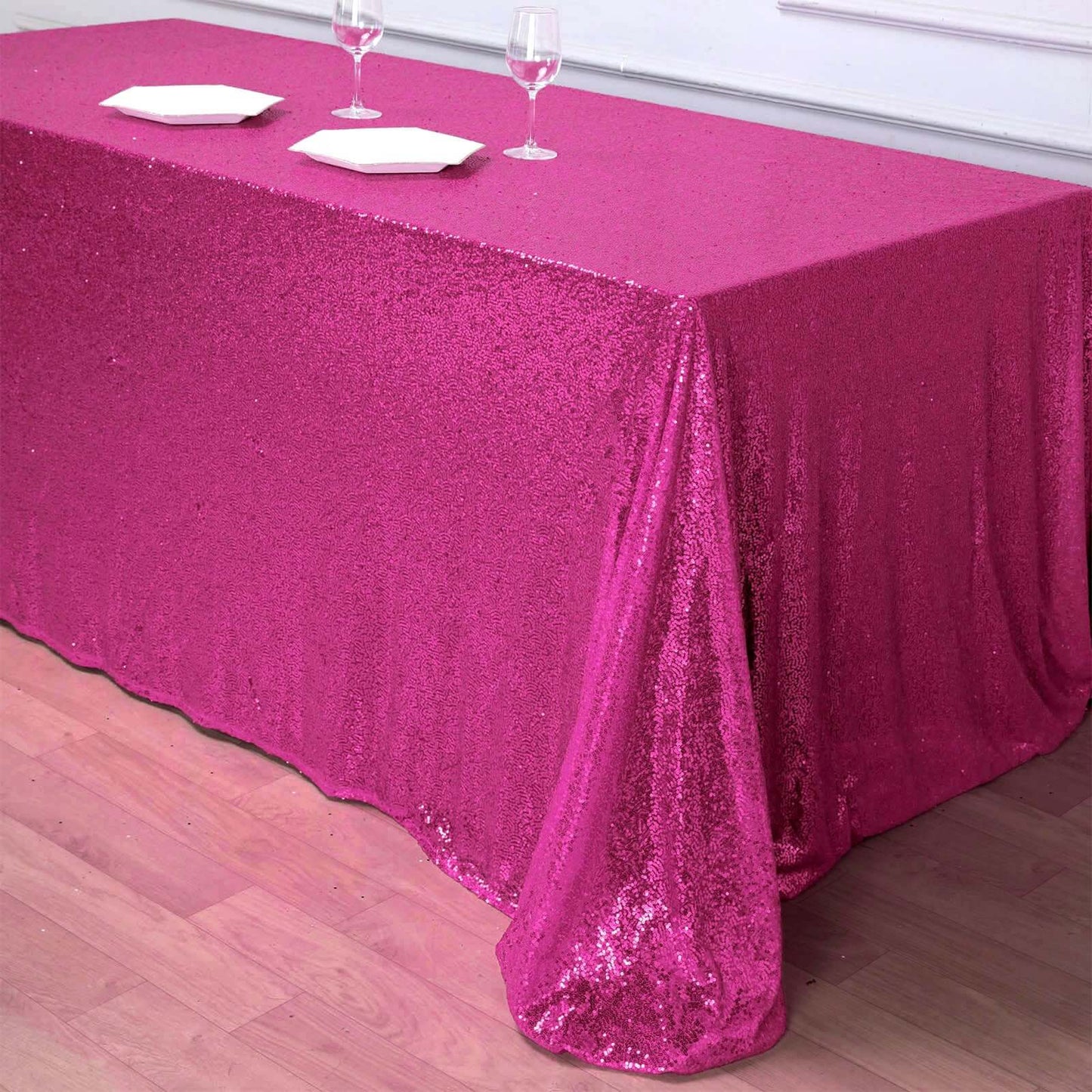 Sequin 90"x156" Rectangle Tablecloth Fuchsia - Seamless Twinkling Table Cover - Linen Luxes