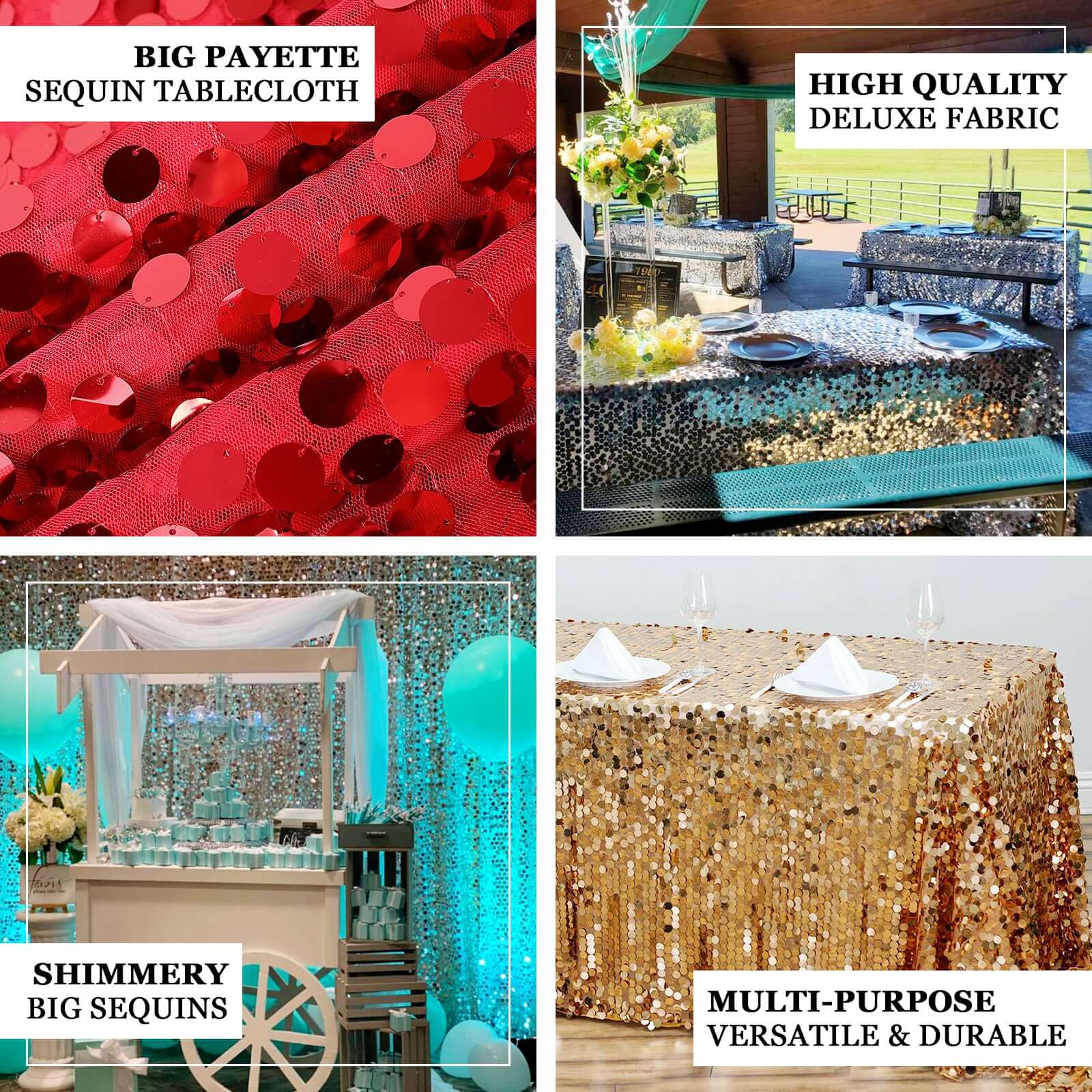 Sequin 90"x156" Rectangle Tablecloth Gold - Seamless Big Payette Design for Luxe Celebrations - Linen Luxes