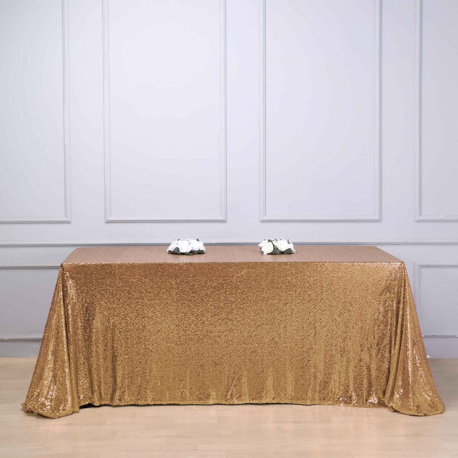 Sequin 90"x156" Rectangle Tablecloth Gold - Seamless Twinkling Design for Chic Celebrations - Linen Luxes