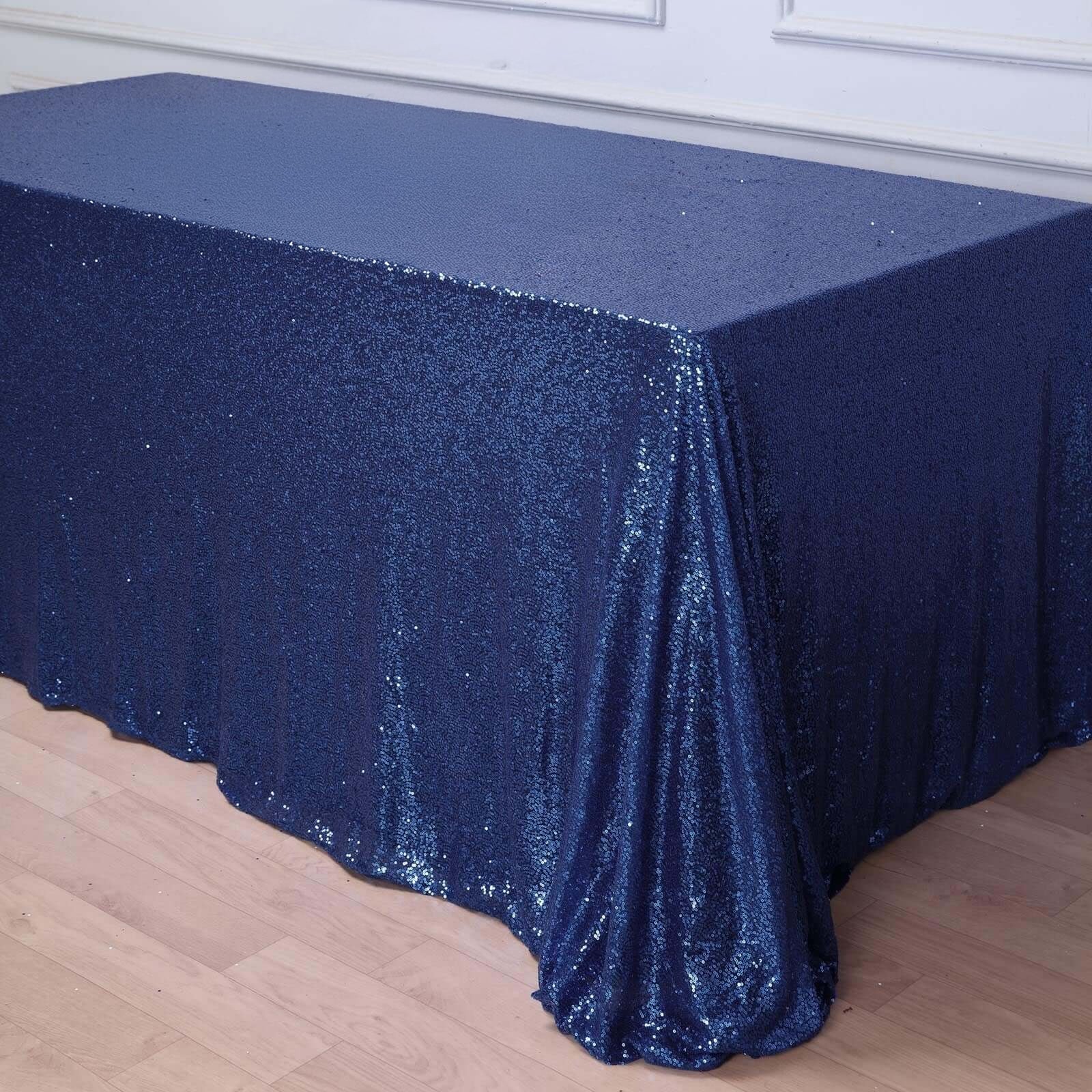Sequin 90"x156" Rectangle Tablecloth Navy Blue - Seamless Twinkling Table Cover - Linen Luxes