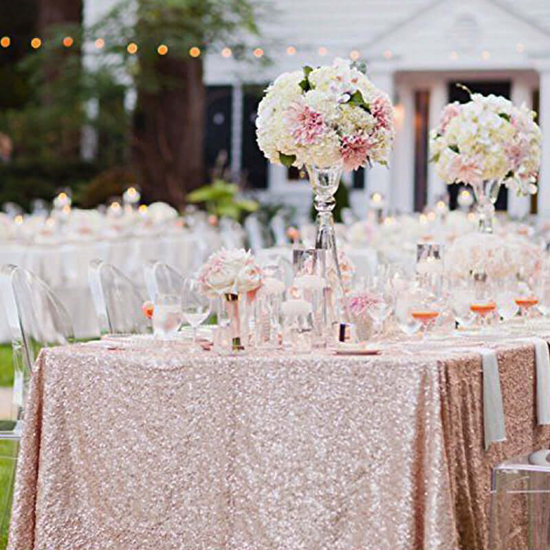 Sequin 90"x156" Rectangle Tablecloth Rose Gold - Seamless Twinkling Table Cover - Linen Luxes