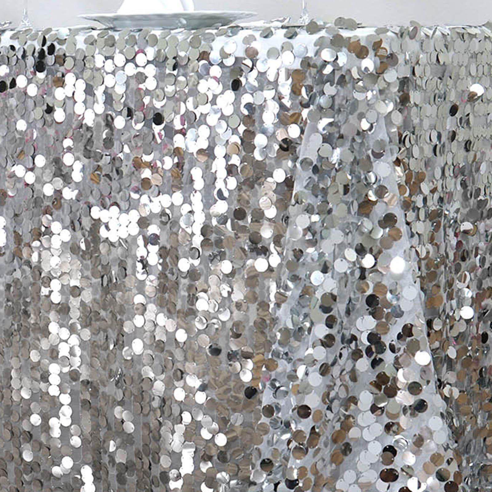Sequin 90"x156" Rectangle Tablecloth Silver - Seamless Big Payette Table Cover - Linen Luxes