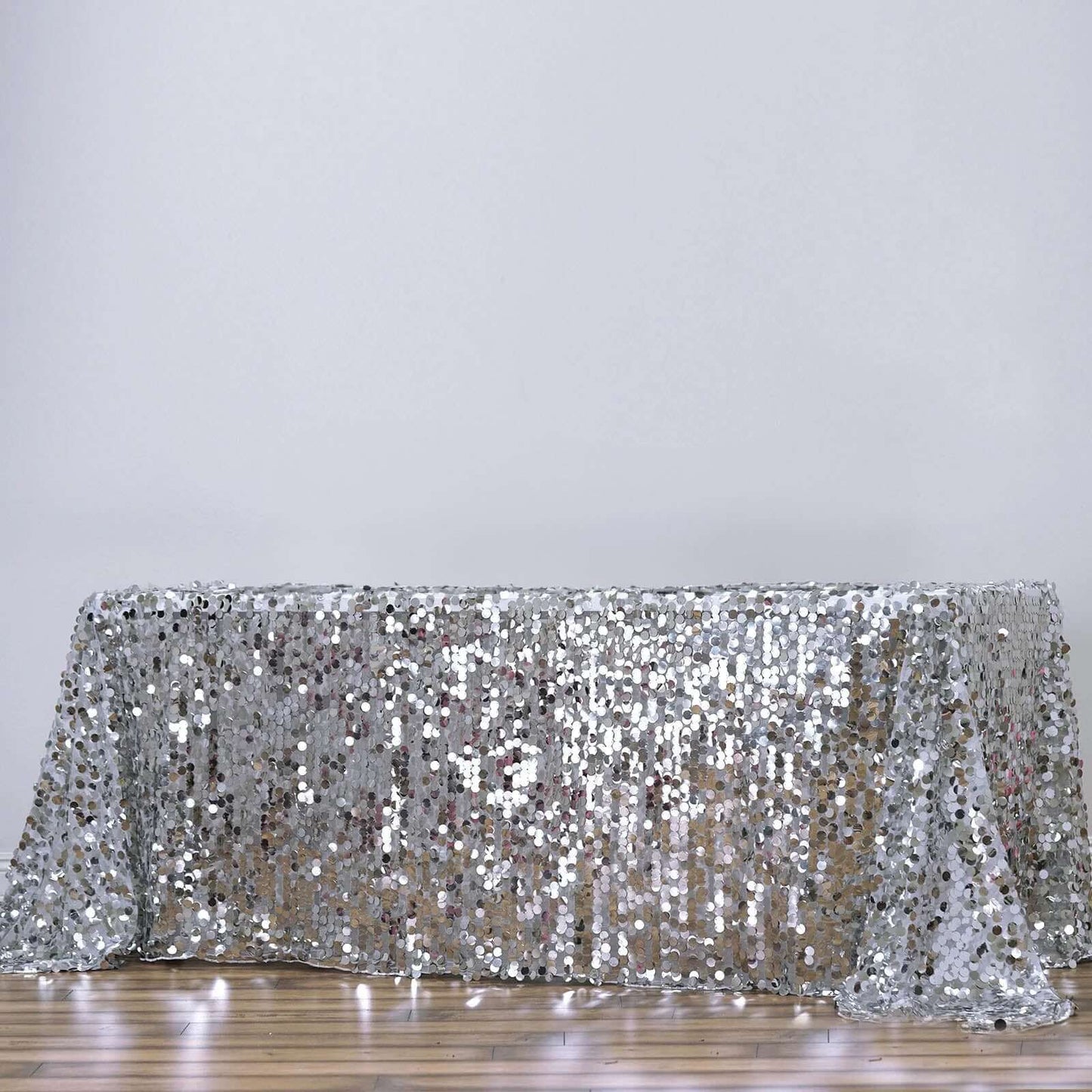 Sequin 90"x156" Rectangle Tablecloth Silver - Seamless Big Payette Table Cover - Linen Luxes