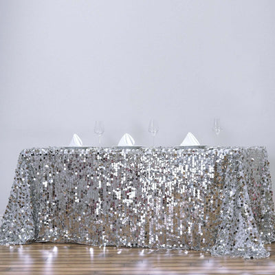 Sequin 90"x156" Rectangle Tablecloth Silver - Seamless Big Payette Table Cover - Linen Luxes