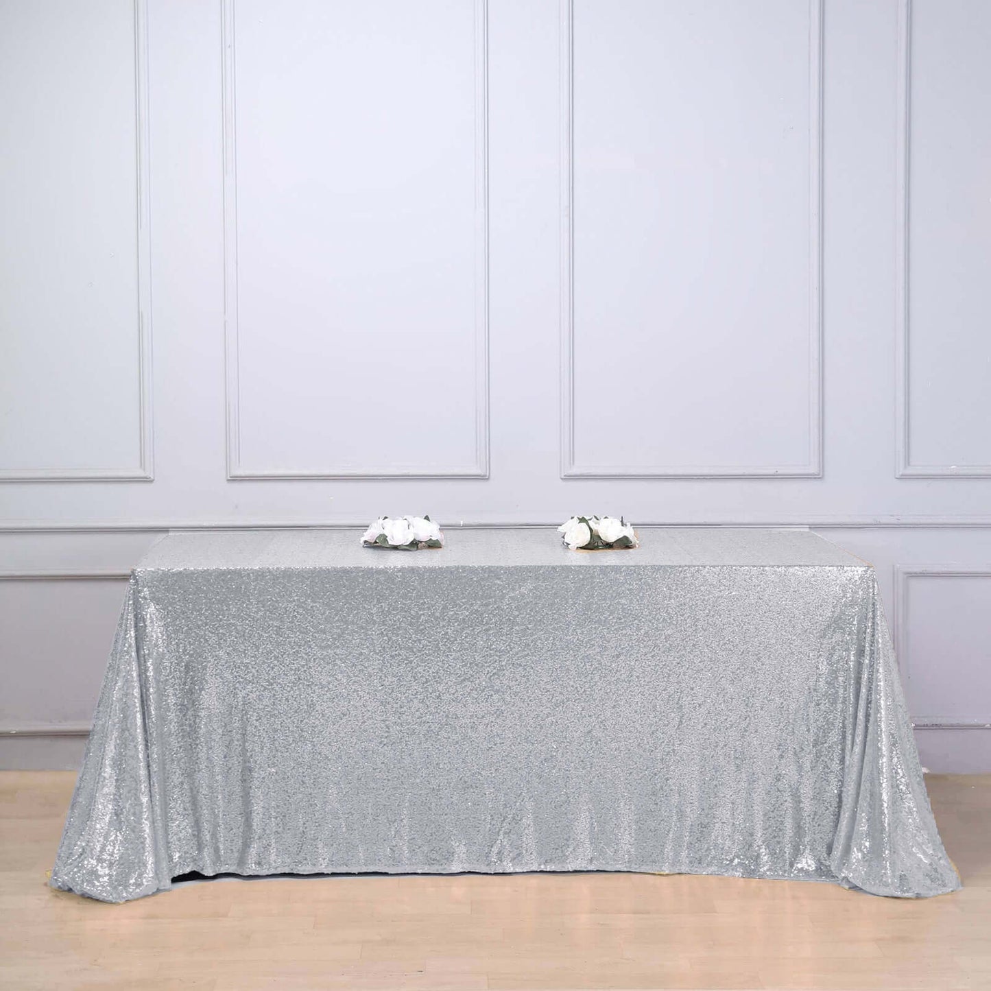 Sequin 90"x156" Rectangle Tablecloth Silver - Seamless Twinkling Table Cover - Linen Luxes
