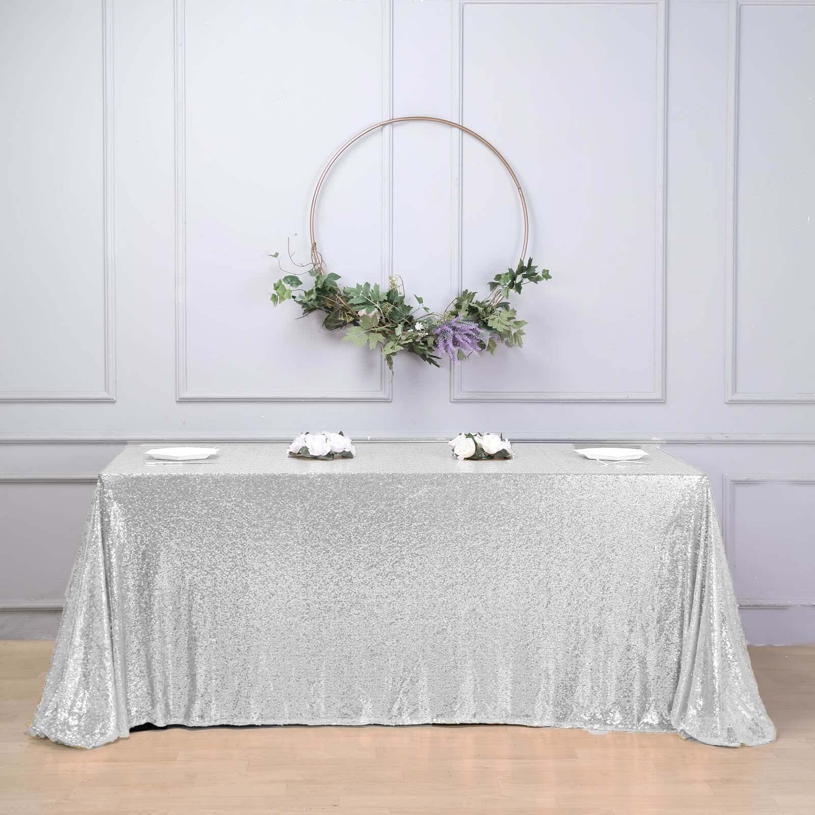 Sequin 90"x156" Rectangle Tablecloth Silver - Seamless Twinkling Table Cover - Linen Luxes
