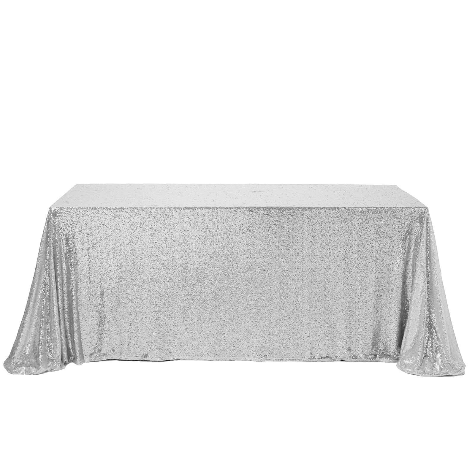 Sequin 90"x156" Rectangle Tablecloth Silver - Seamless Twinkling Table Cover - Linen Luxes