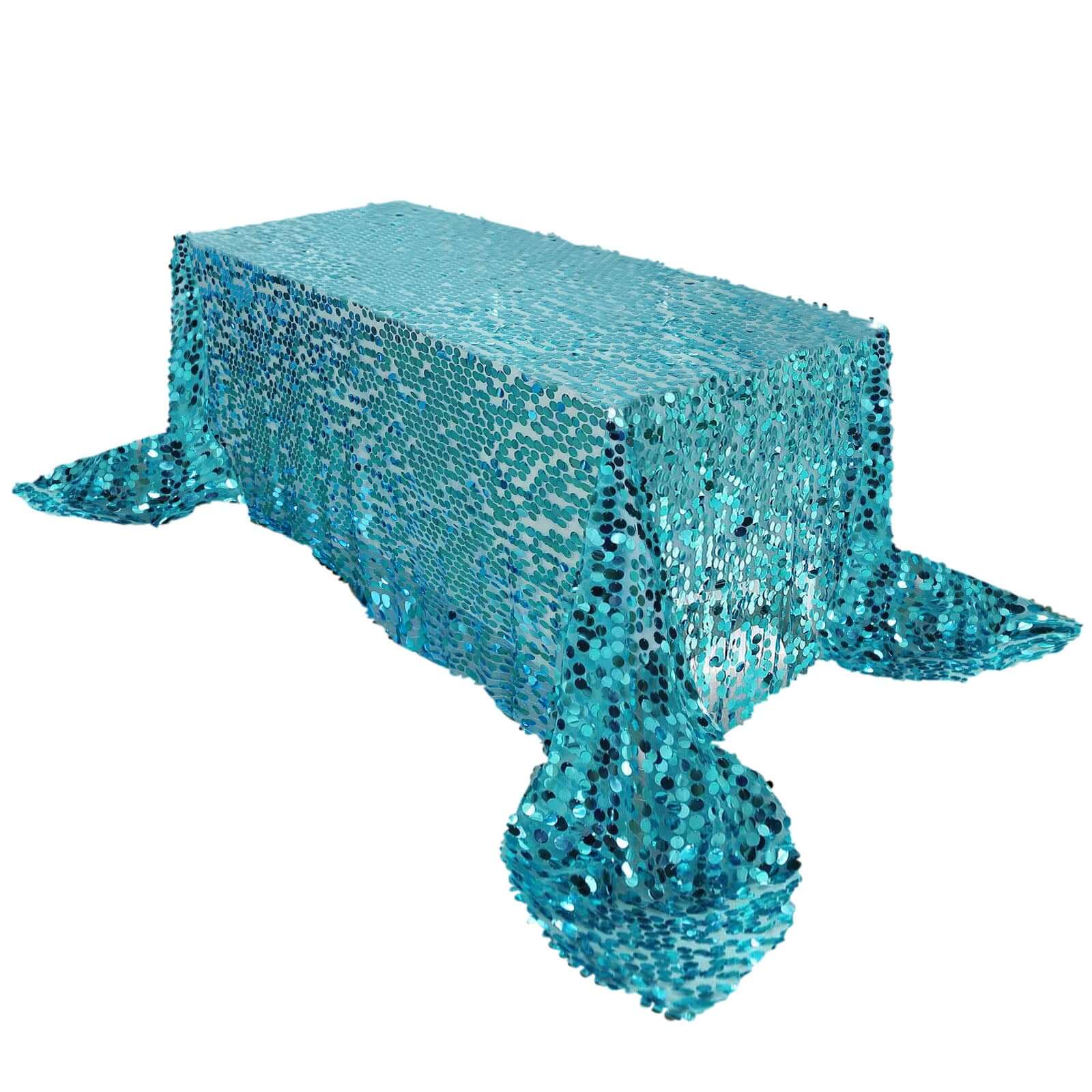 Sequin 90"x156" Rectangle Tablecloth Turquoise - Seamless Big Payette Table Cover - Linen Luxes
