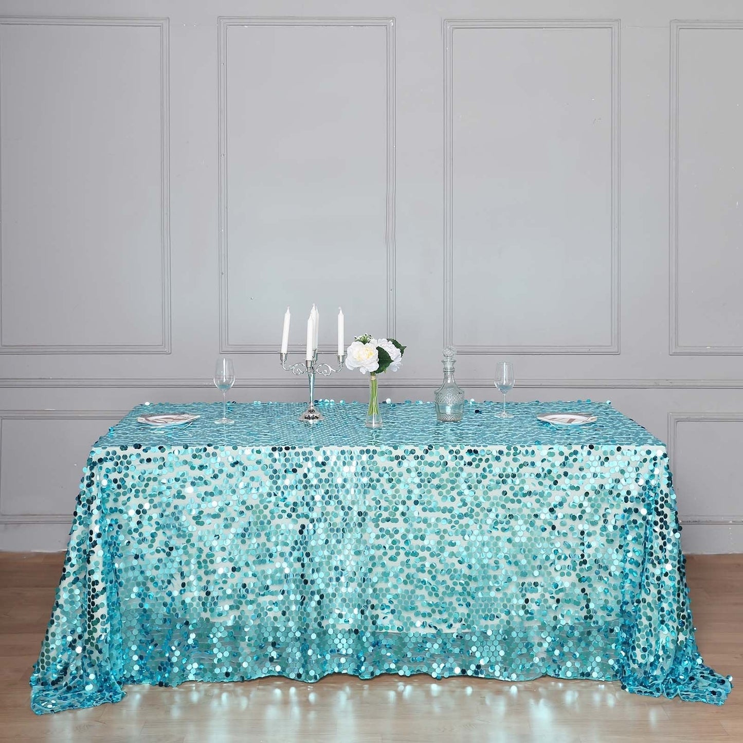 Sequin 90"x156" Rectangle Tablecloth Turquoise - Seamless Big Payette Table Cover - Linen Luxes