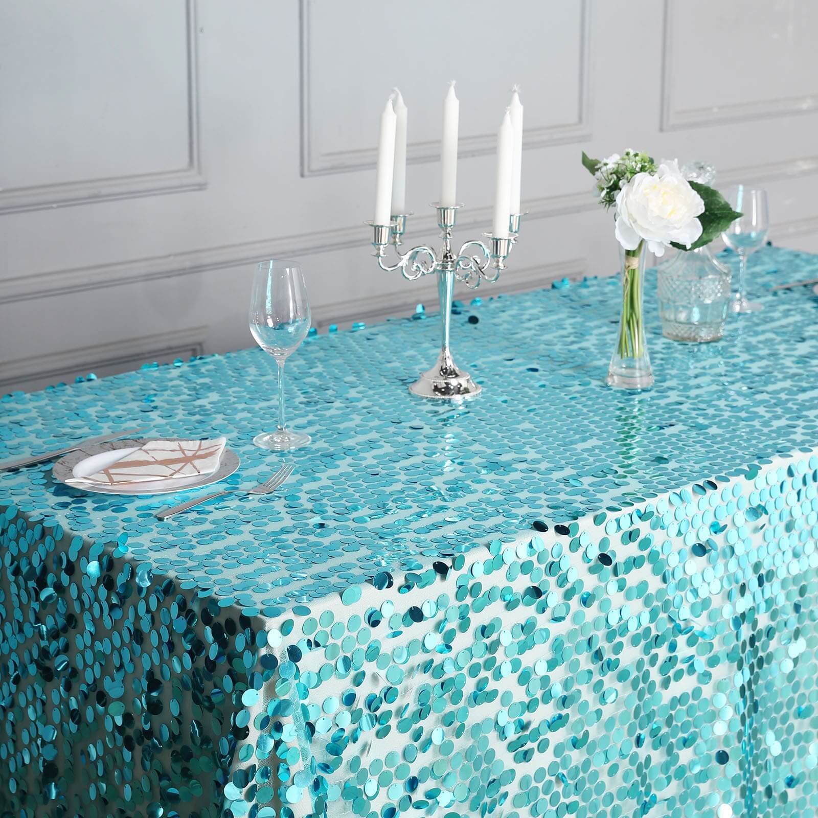 Sequin 90"x156" Rectangle Tablecloth Turquoise - Seamless Big Payette Table Cover - Linen Luxes