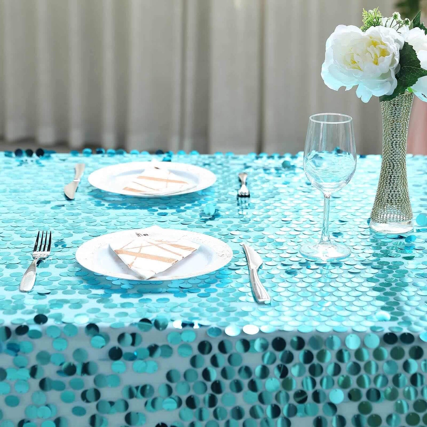 Sequin 90"x156" Rectangle Tablecloth Turquoise - Seamless Big Payette Table Cover - Linen Luxes