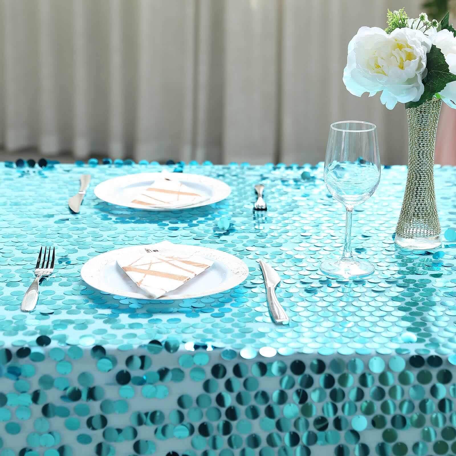 Sequin 90"x156" Rectangle Tablecloth Turquoise - Seamless Big Payette Table Cover - Linen Luxes