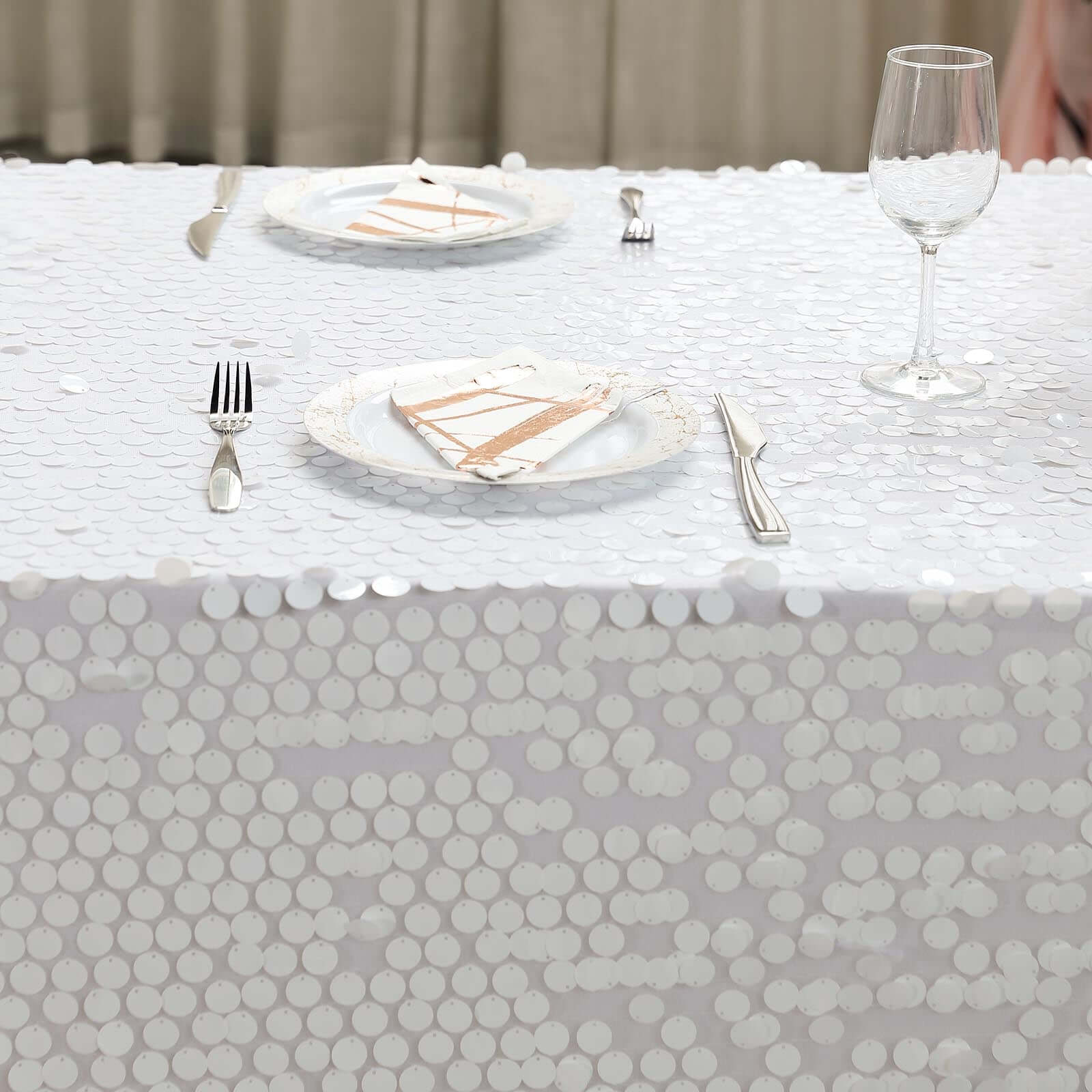 Sequin 90"x156" Rectangle Tablecloth White - Seamless Big Payette Table Cover - Linen Luxes