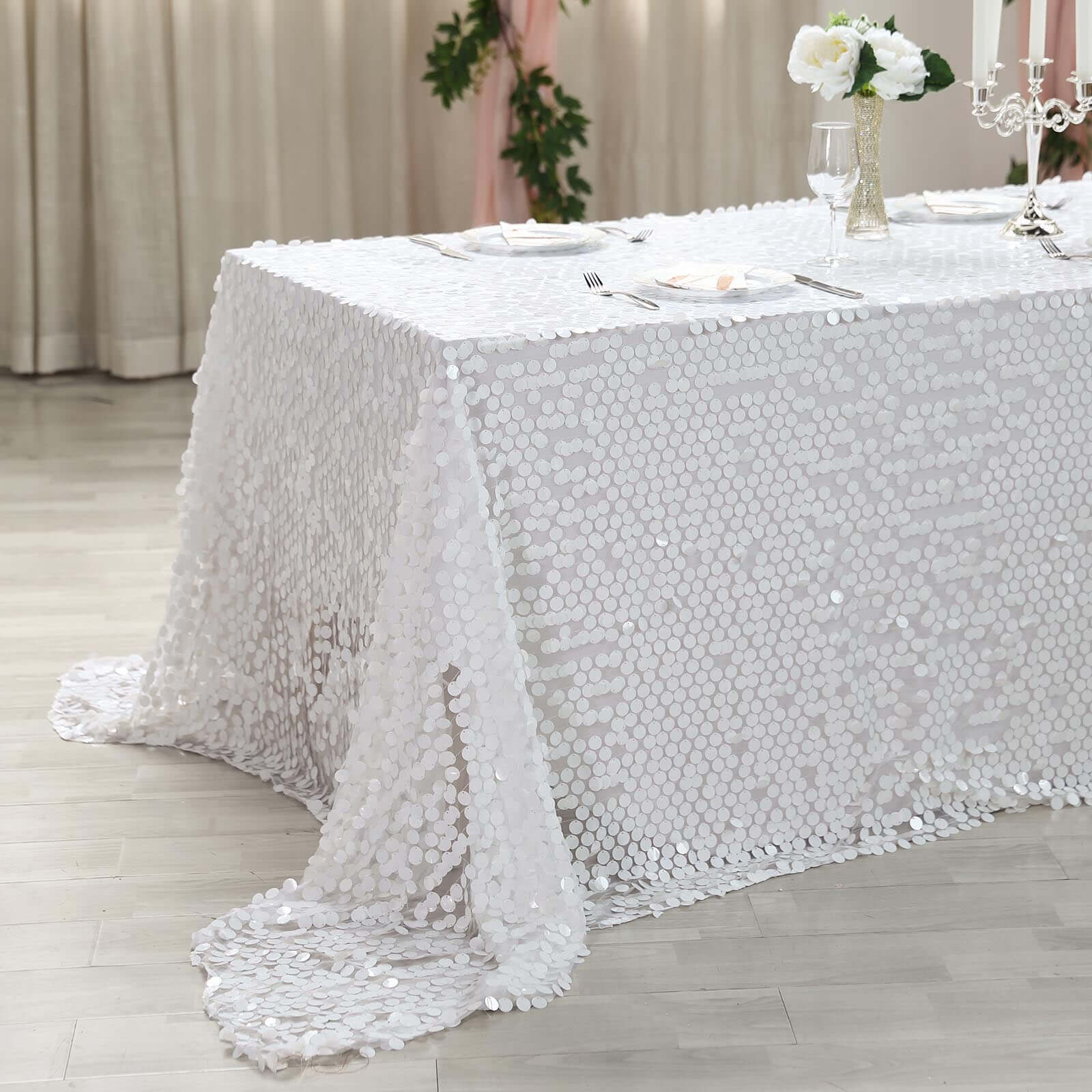 Sequin 90"x156" Rectangle Tablecloth White - Seamless Big Payette Table Cover - Linen Luxes