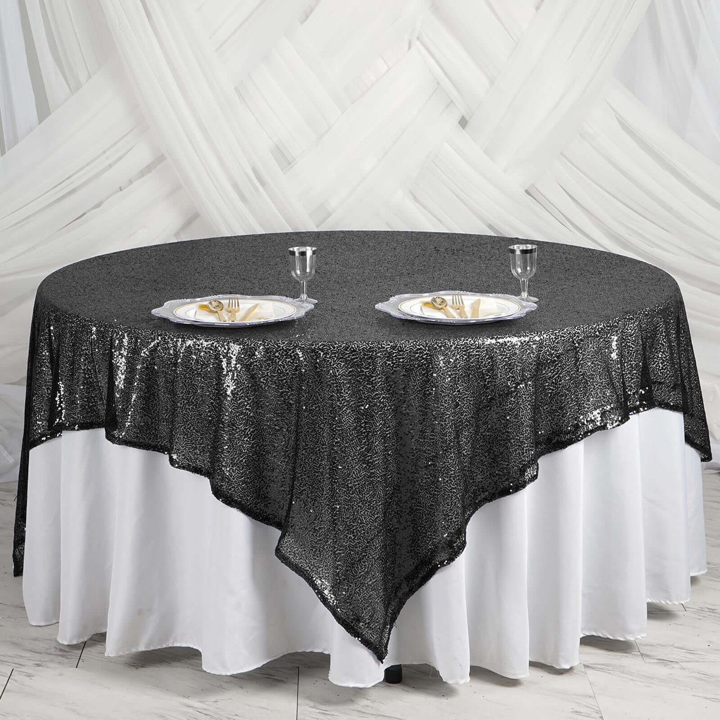 Sequin 90"x90" Table Overlay Square Tablecloth Black - Sparkly Table Cover - Linen Luxes