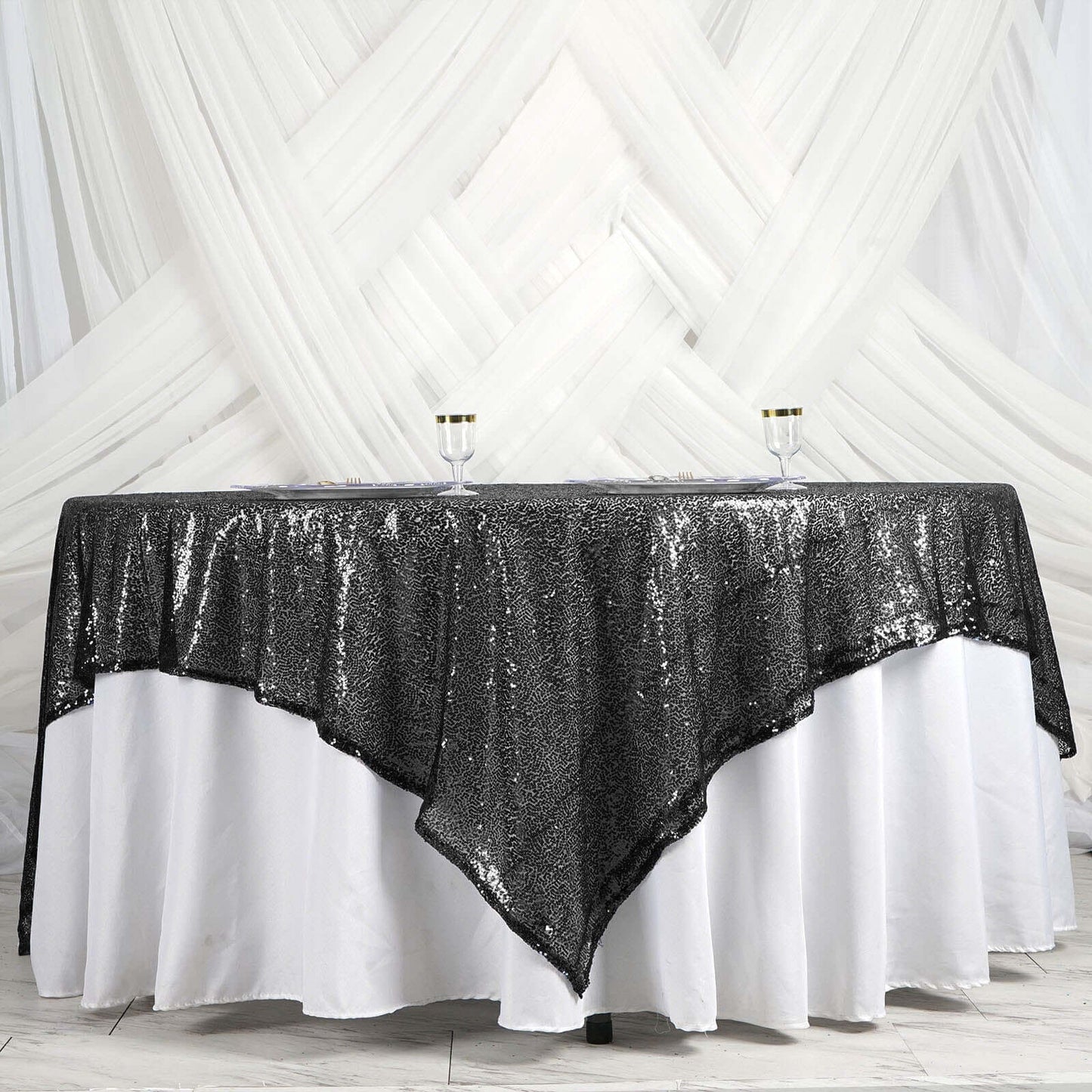 Sequin 90"x90" Table Overlay Square Tablecloth Black - Sparkly Table Cover - Linen Luxes