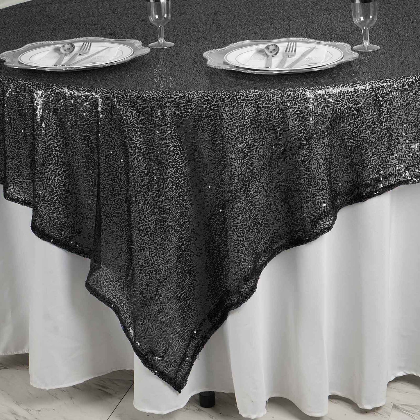 Sequin 90"x90" Table Overlay Square Tablecloth Black - Sparkly Table Cover - Linen Luxes