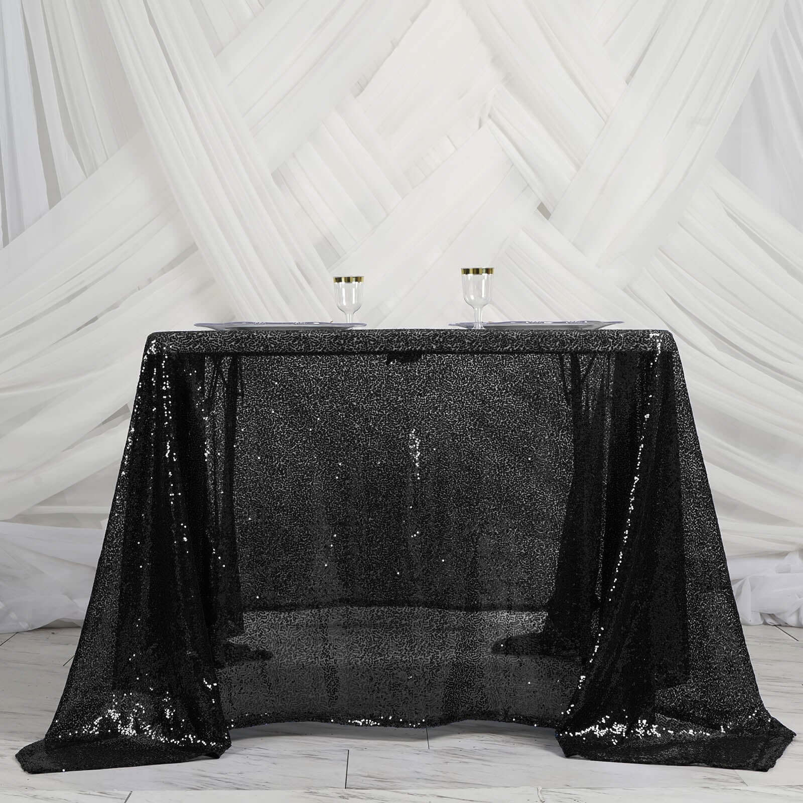 Sequin 90"x90" Table Overlay Square Tablecloth Black - Sparkly Table Cover - Linen Luxes
