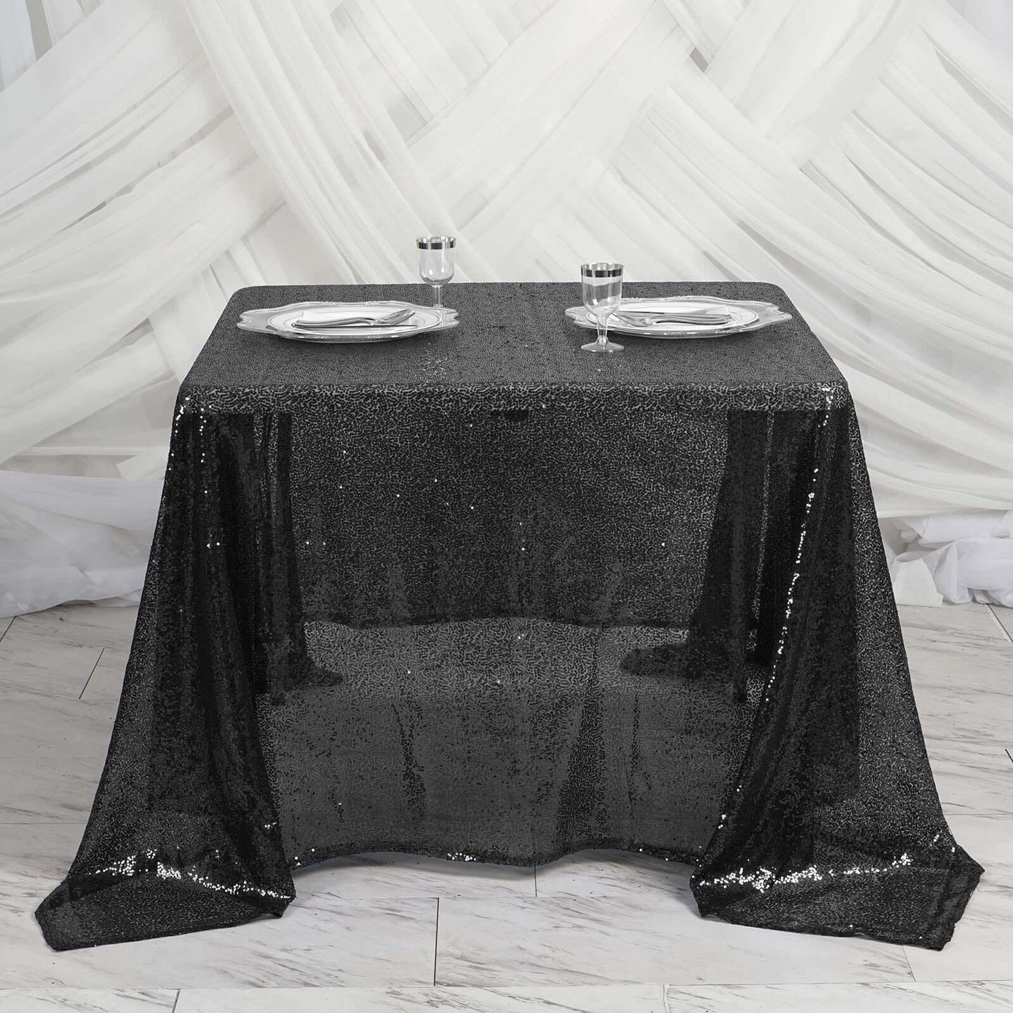 Sequin 90"x90" Table Overlay Square Tablecloth Black - Sparkly Table Cover - Linen Luxes