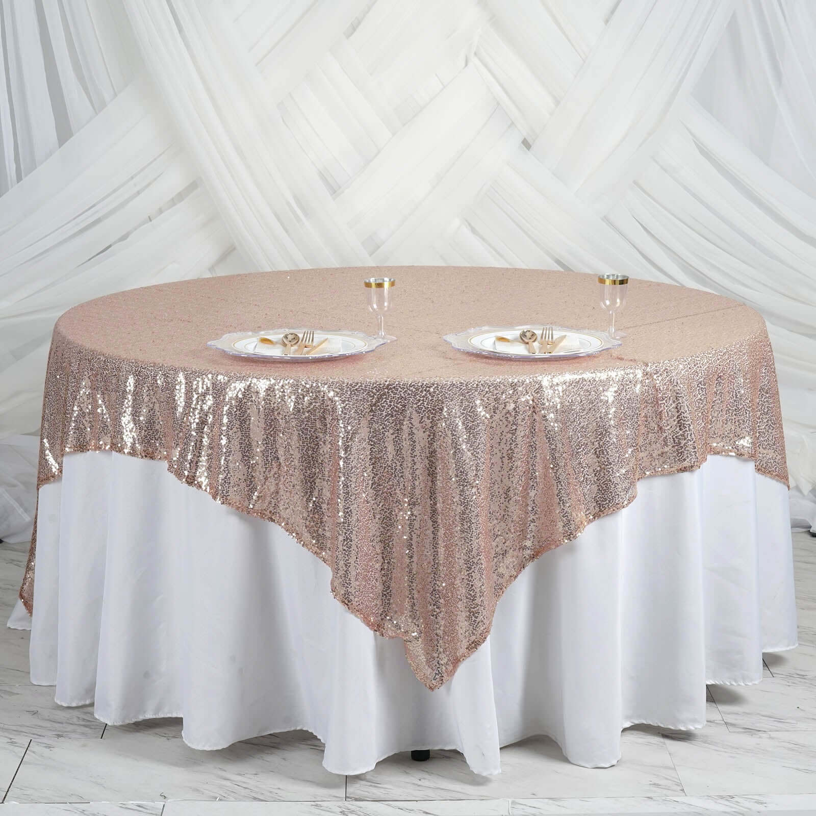 Sequin 90"x90" Table Overlay Square Tablecloth Blush - Sparkly Table Cover - Linen Luxes