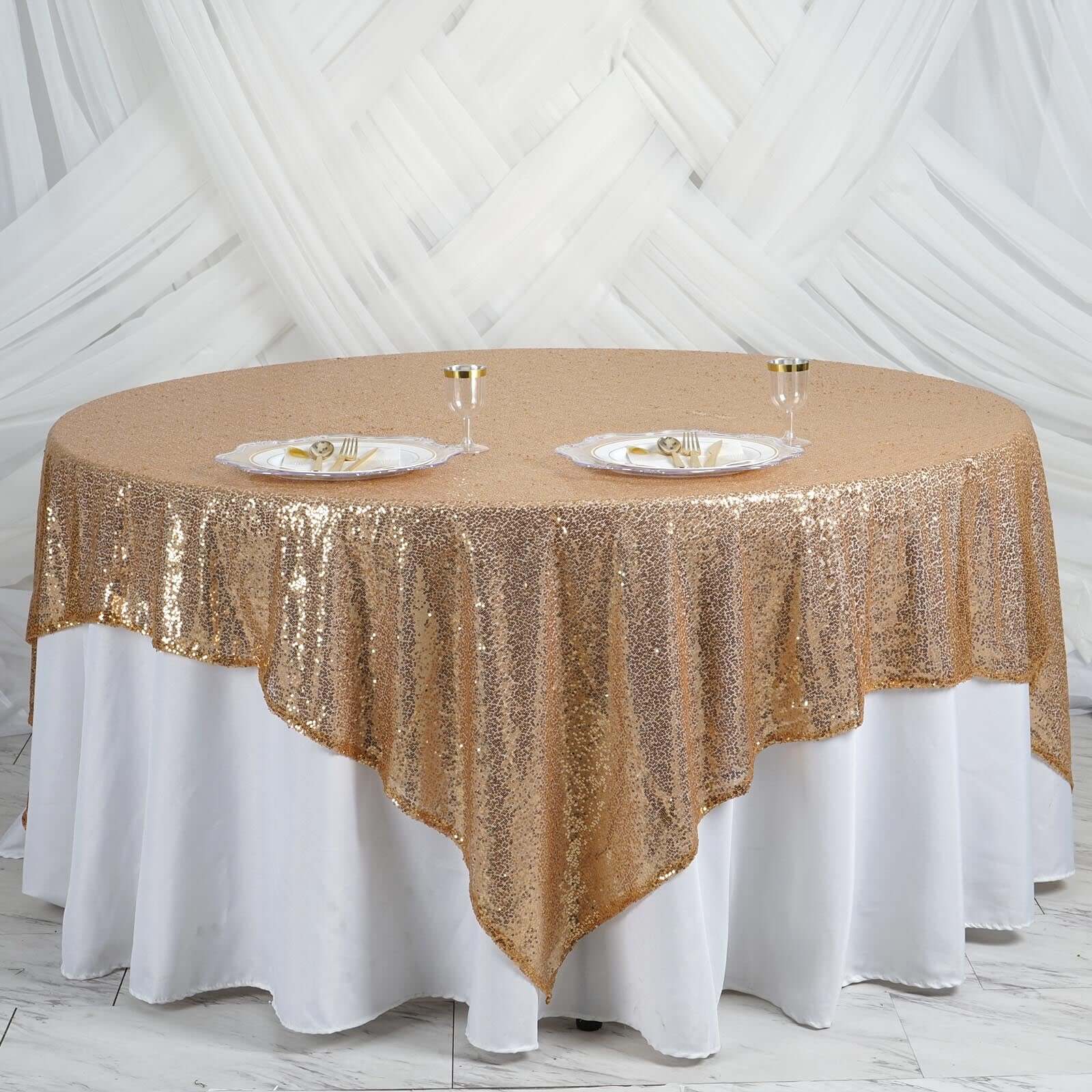 Sequin 90"x90" Table Overlay Square Tablecloth Gold - Sparkly Design for Stylish Celebrations - Linen Luxes