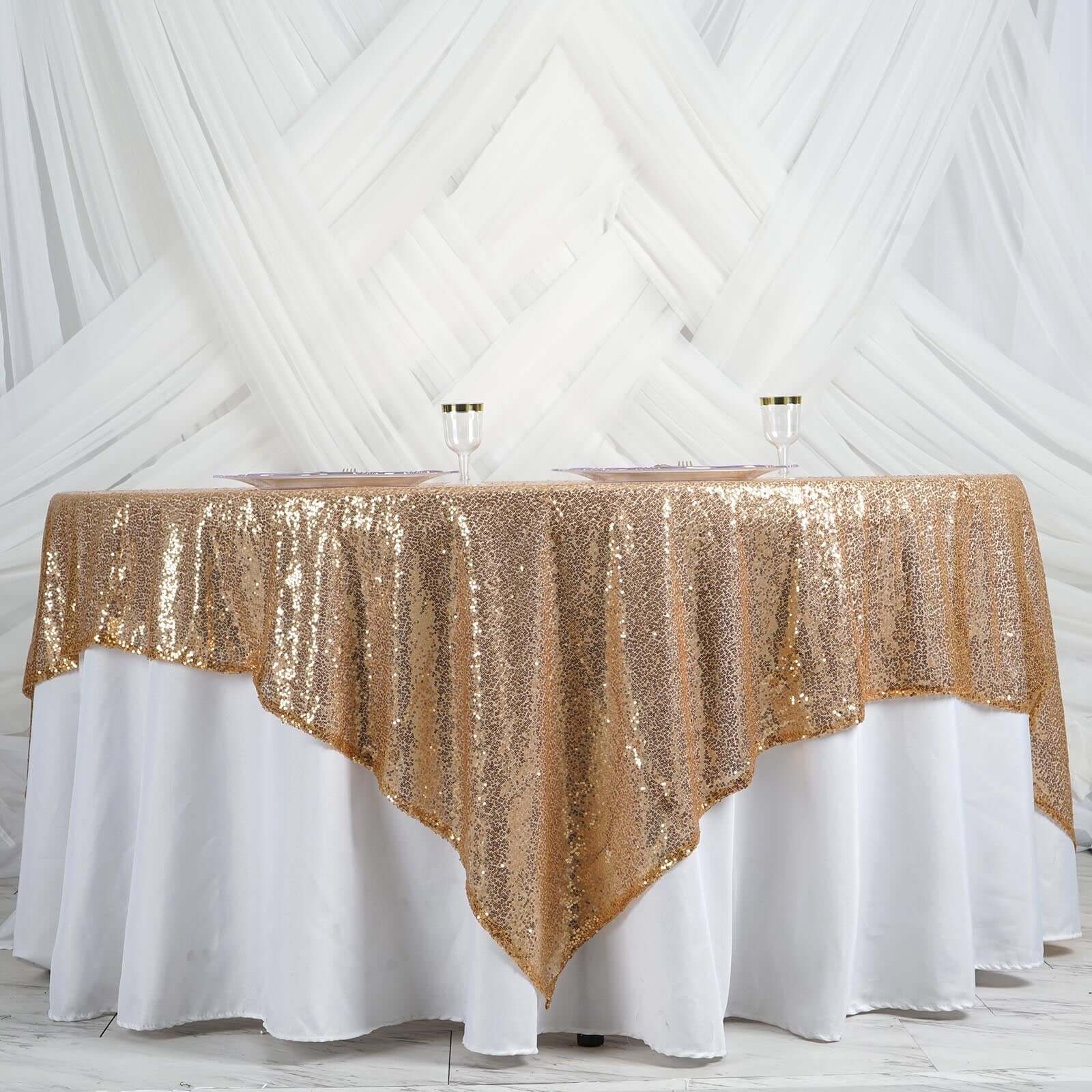 Sequin 90"x90" Table Overlay Square Tablecloth Gold - Sparkly Design for Stylish Celebrations - Linen Luxes