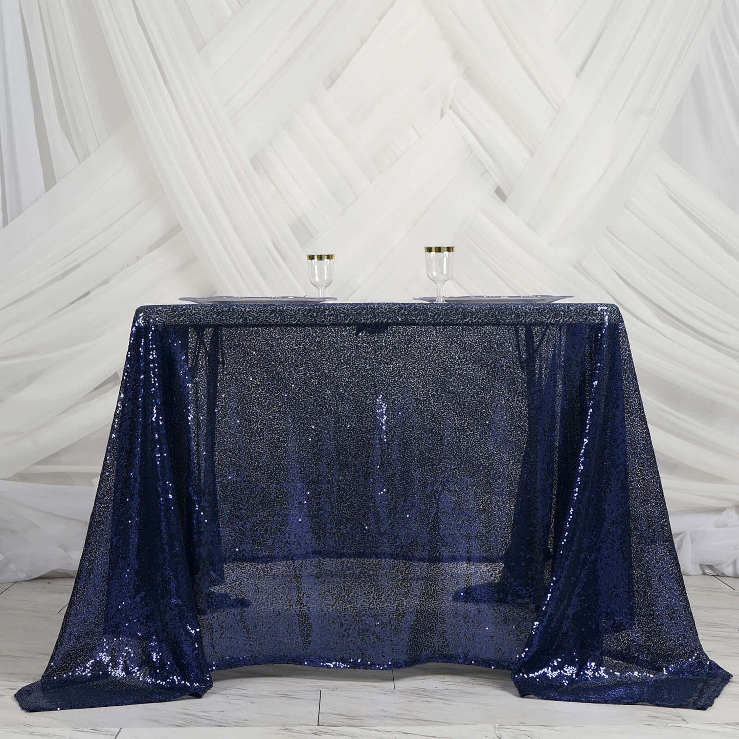 Sequin 90"x90" Table Overlay Square Tablecloth Navy Blue - Sparkly Table Cover - Linen Luxes