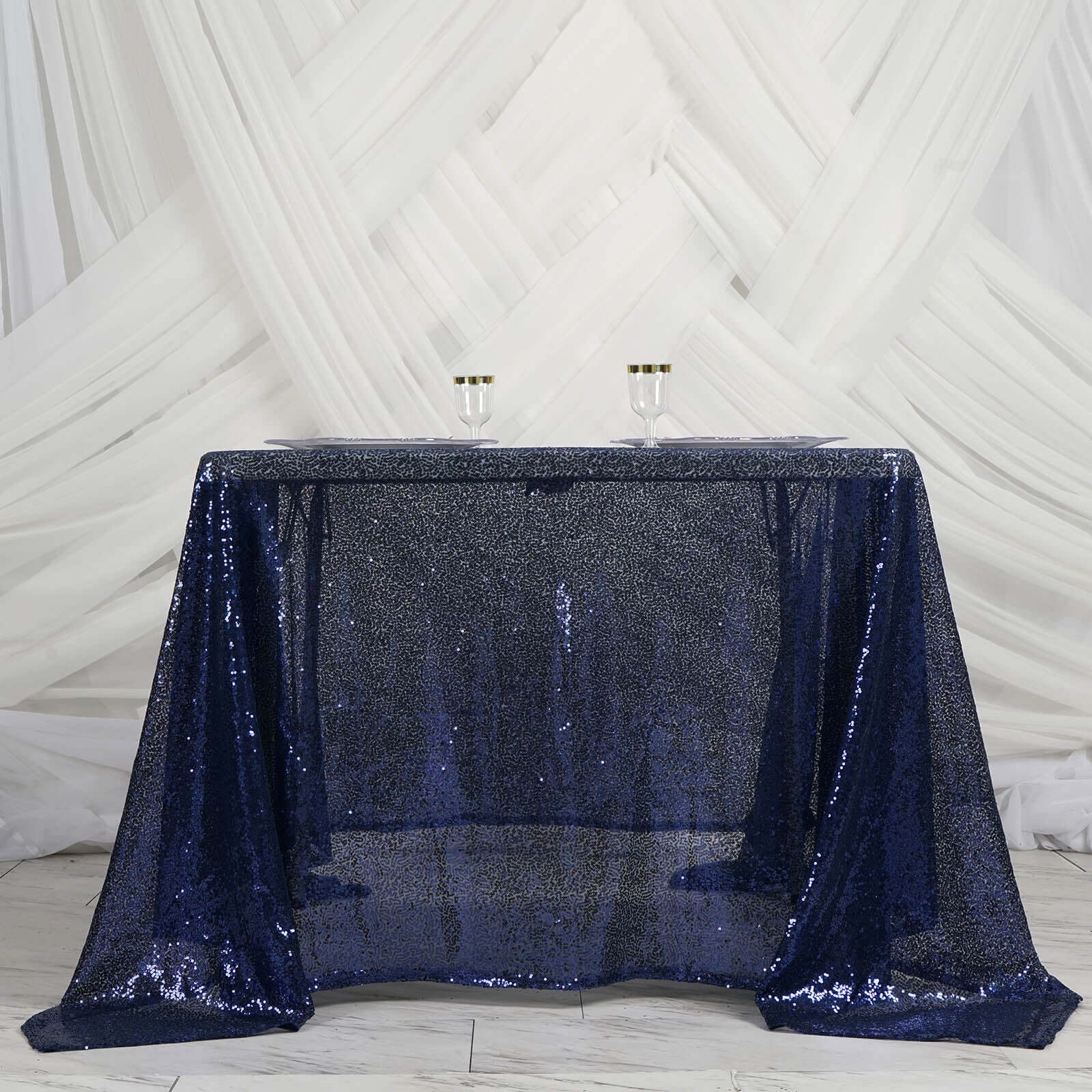 Sequin 90"x90" Table Overlay Square Tablecloth Navy Blue - Sparkly Table Cover - Linen Luxes