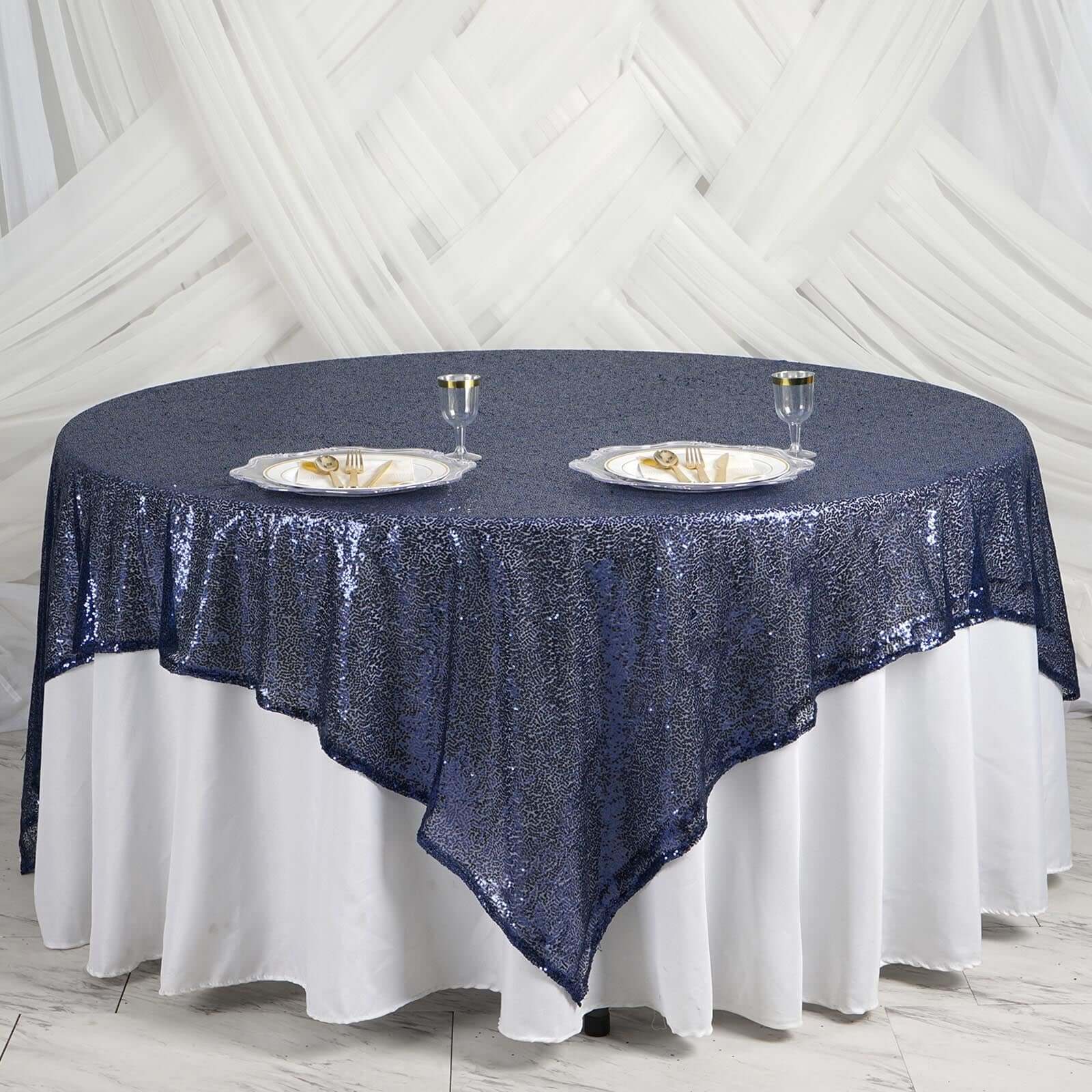 Sequin 90"x90" Table Overlay Square Tablecloth Navy Blue - Sparkly Table Cover - Linen Luxes