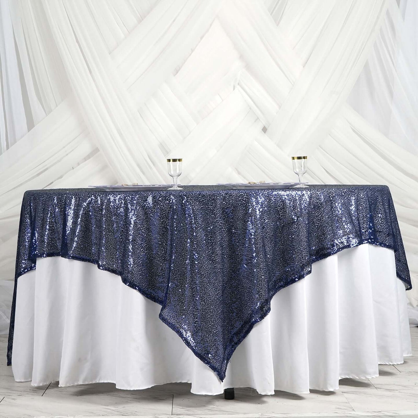 Sequin 90"x90" Table Overlay Square Tablecloth Navy Blue - Sparkly Table Cover - Linen Luxes
