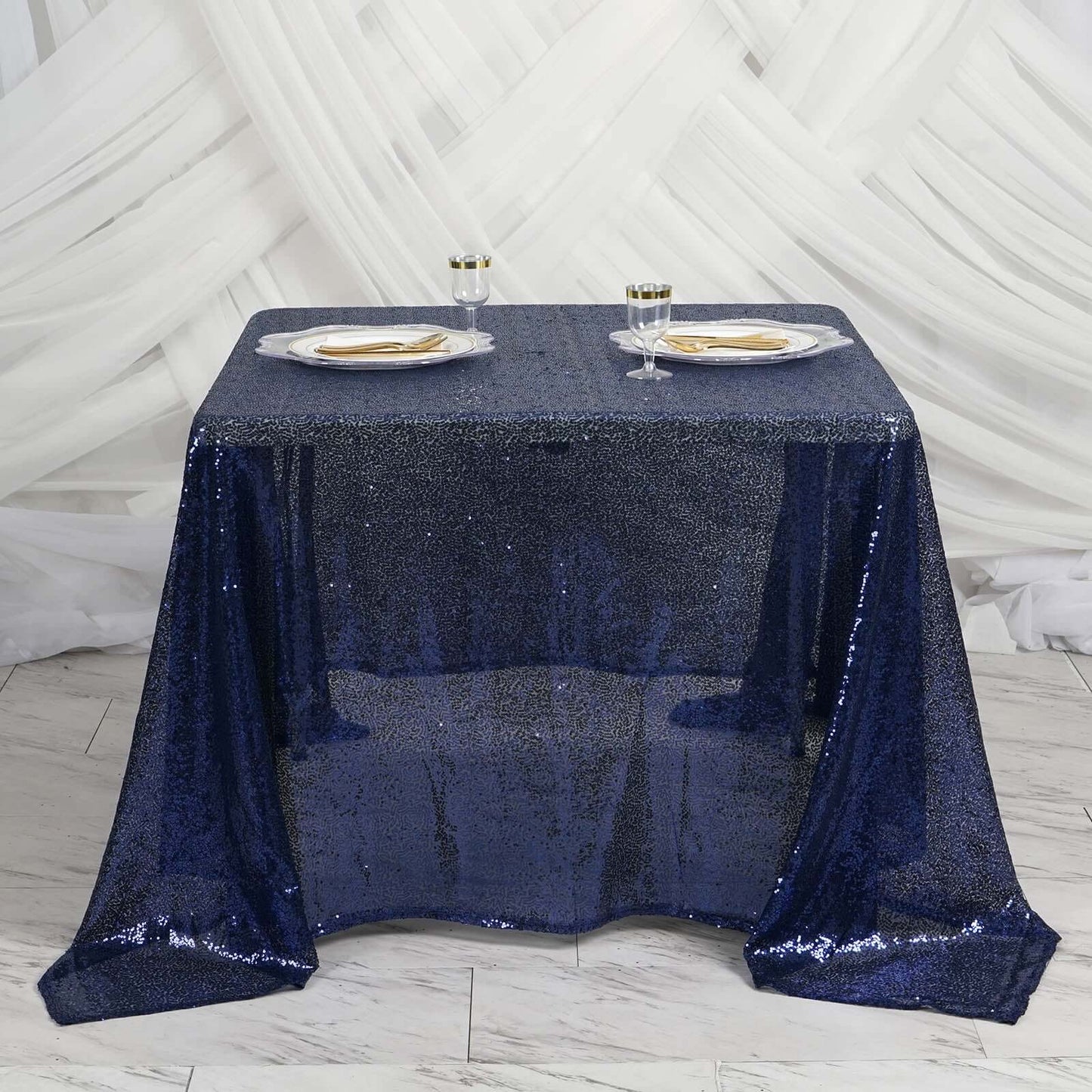 Sequin 90"x90" Table Overlay Square Tablecloth Navy Blue - Sparkly Table Cover - Linen Luxes