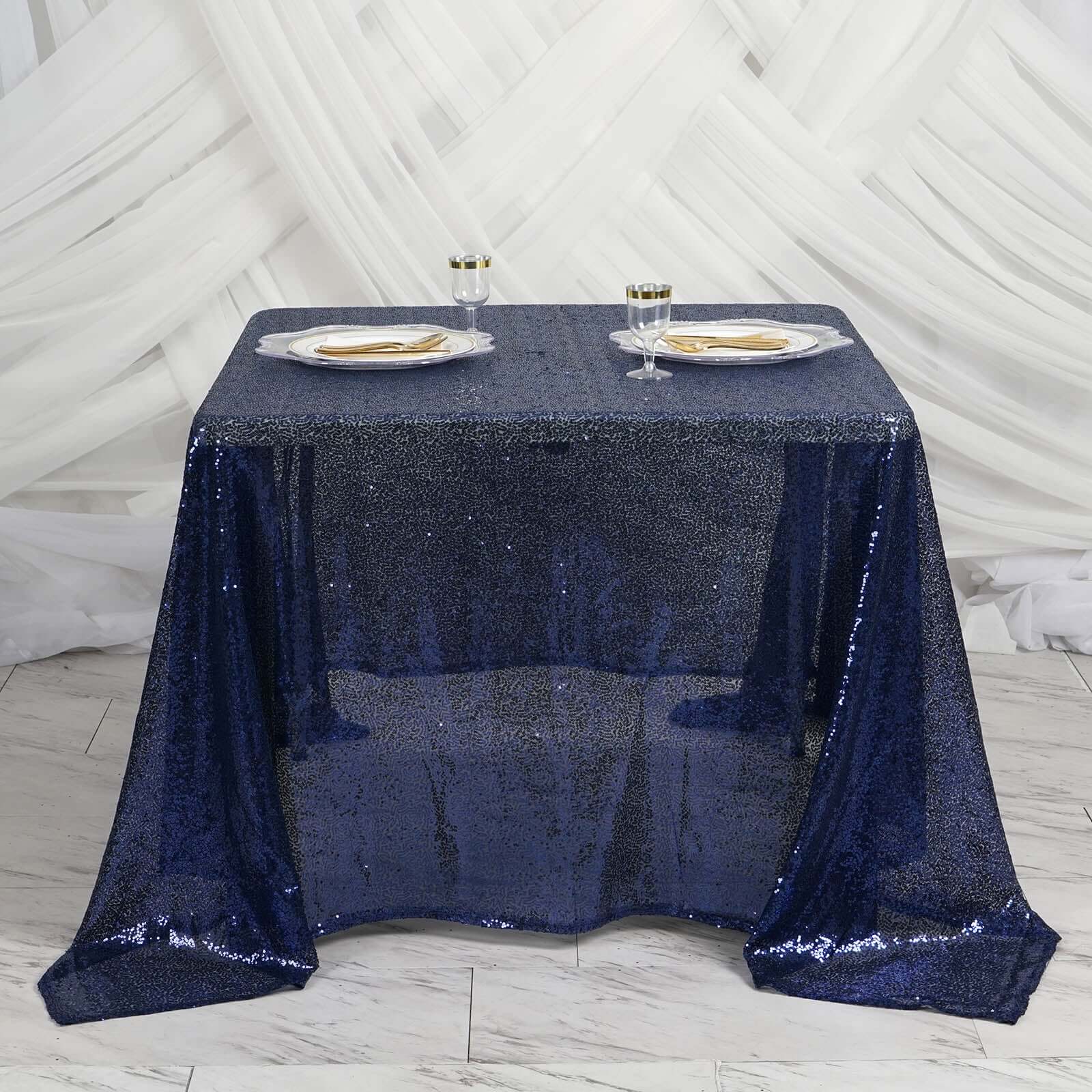 Sequin 90"x90" Table Overlay Square Tablecloth Navy Blue - Sparkly Table Cover - Linen Luxes
