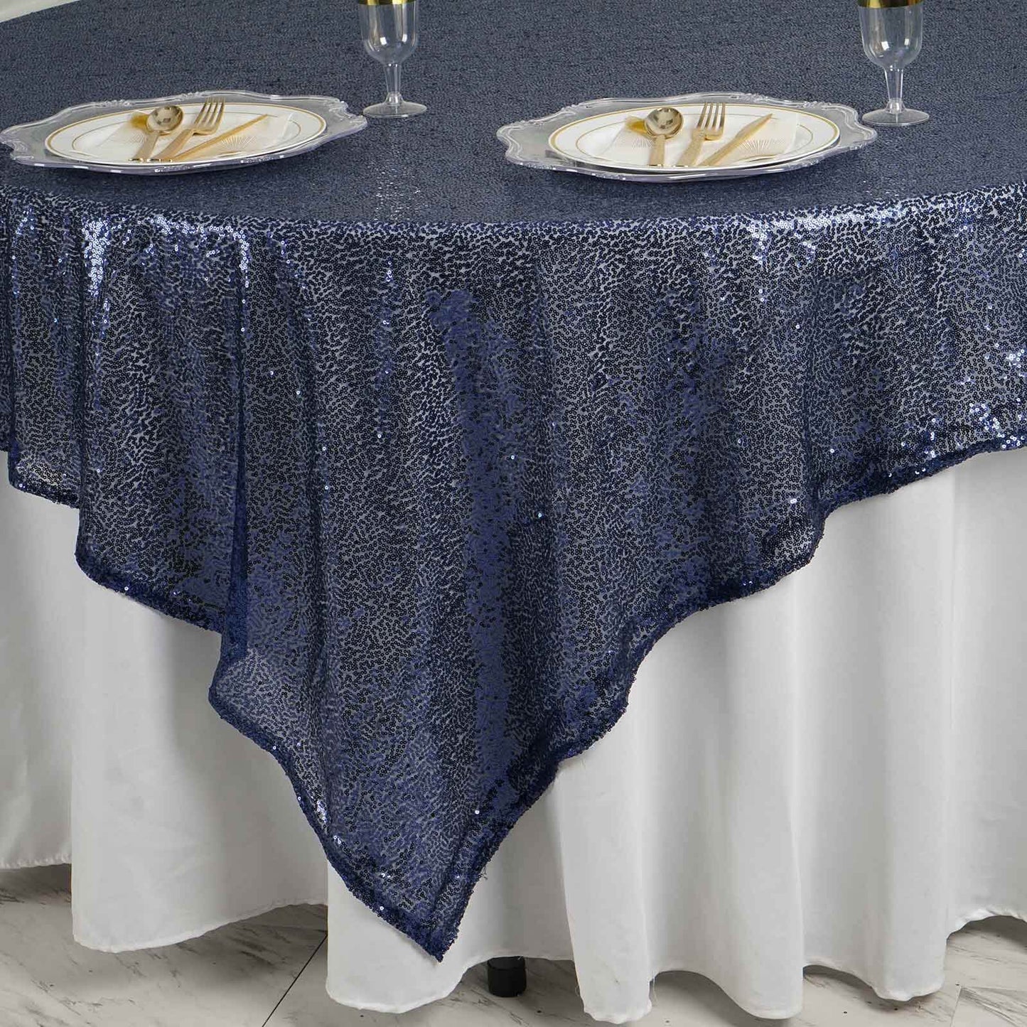 Sequin 90"x90" Table Overlay Square Tablecloth Navy Blue - Sparkly Table Cover - Linen Luxes
