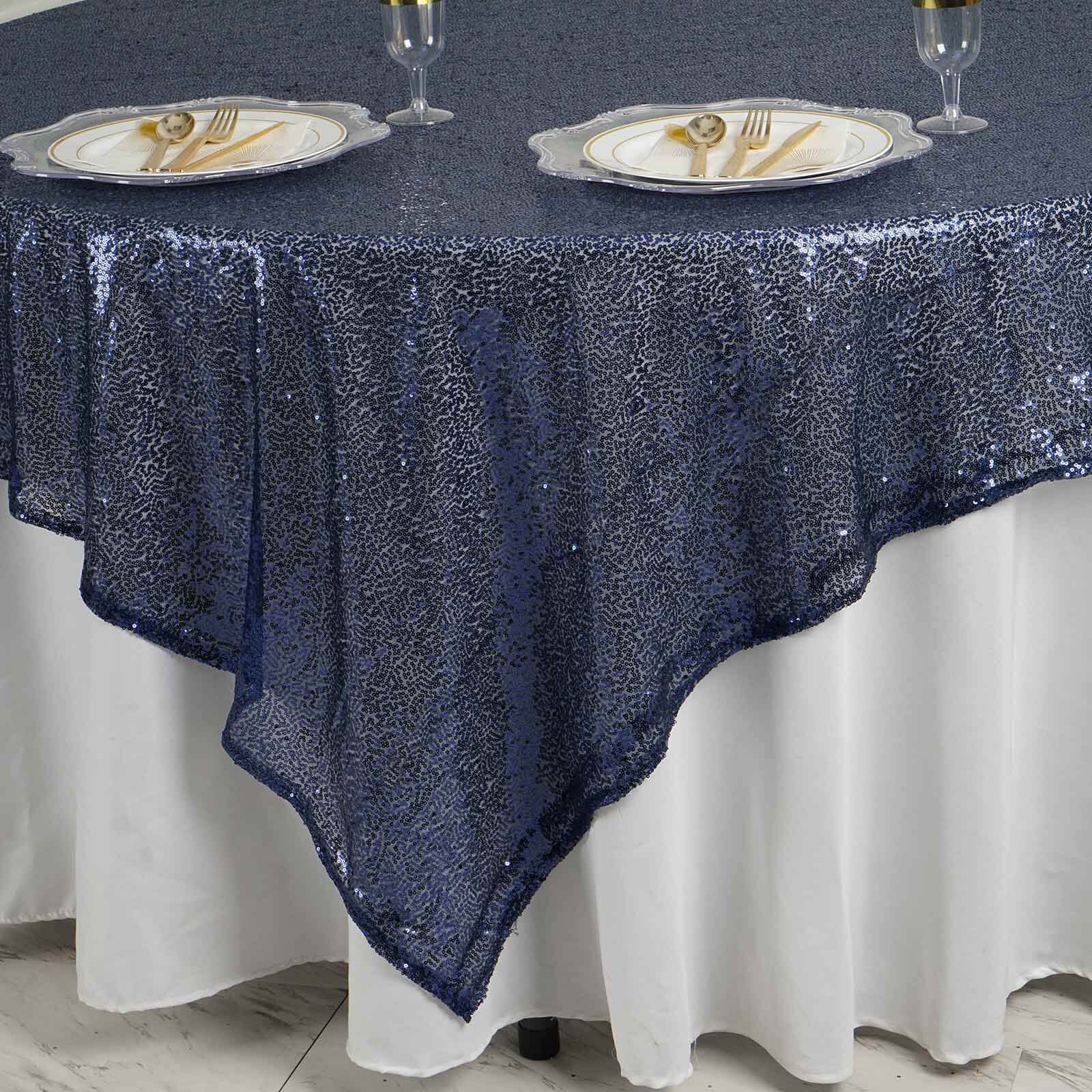Sequin 90"x90" Table Overlay Square Tablecloth Navy Blue - Sparkly Table Cover - Linen Luxes