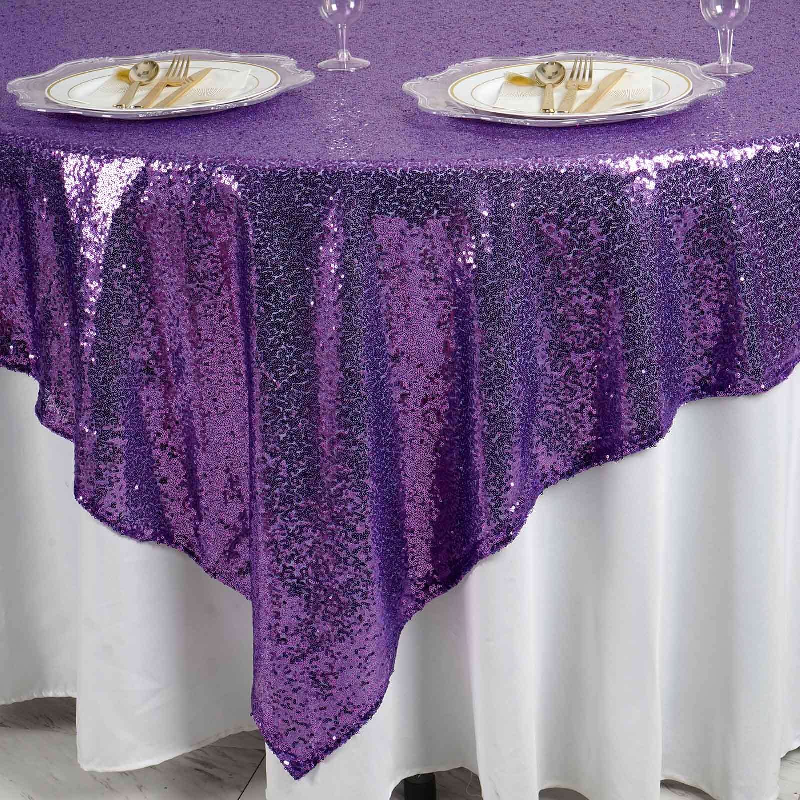 Sequin 90"x90" Table Overlay Square Tablecloth Purple - Sparkly Table Cover - Linen Luxes