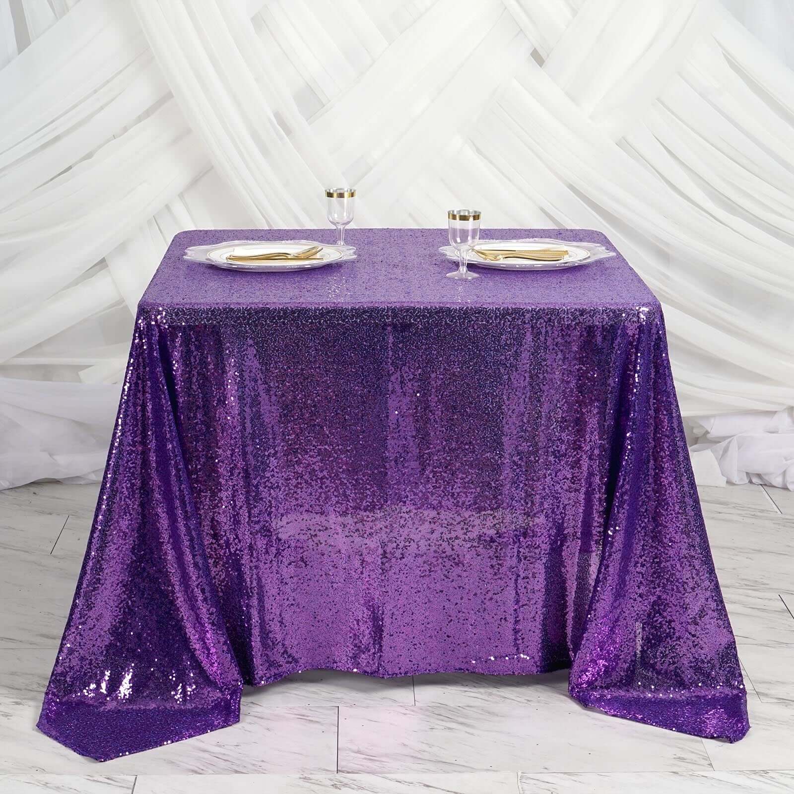 Sequin 90"x90" Table Overlay Square Tablecloth Purple - Sparkly Table Cover - Linen Luxes