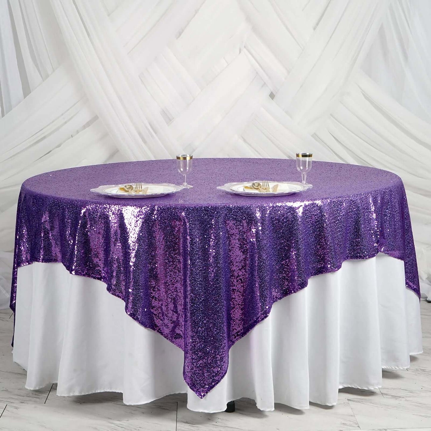 Sequin 90"x90" Table Overlay Square Tablecloth Purple - Sparkly Table Cover - Linen Luxes