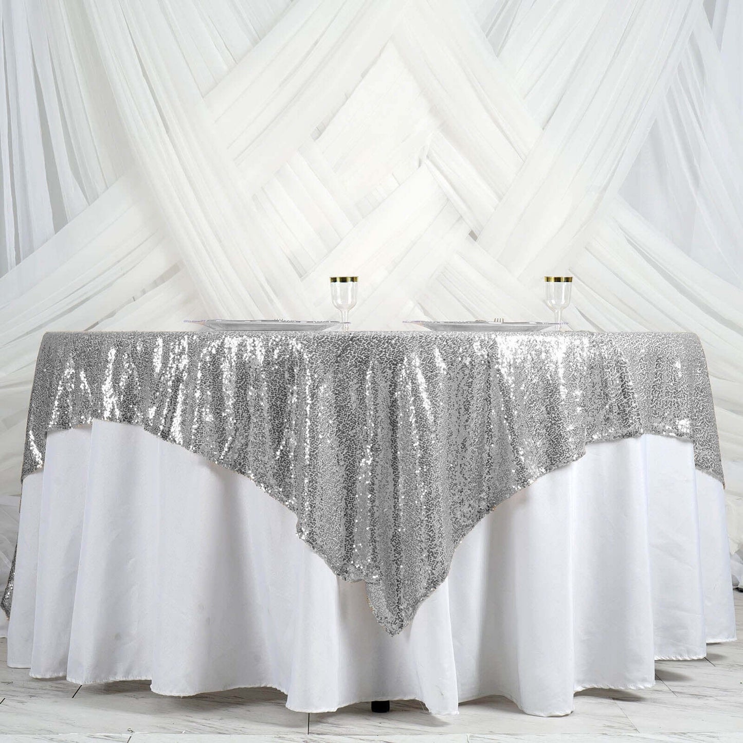 Sequin 90"x90" Table Overlay Square Tablecloth Silver - Sparkly Table Cover - Linen Luxes