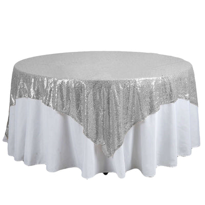 Sequin 90"x90" Table Overlay Square Tablecloth Silver - Sparkly Table Cover - Linen Luxes