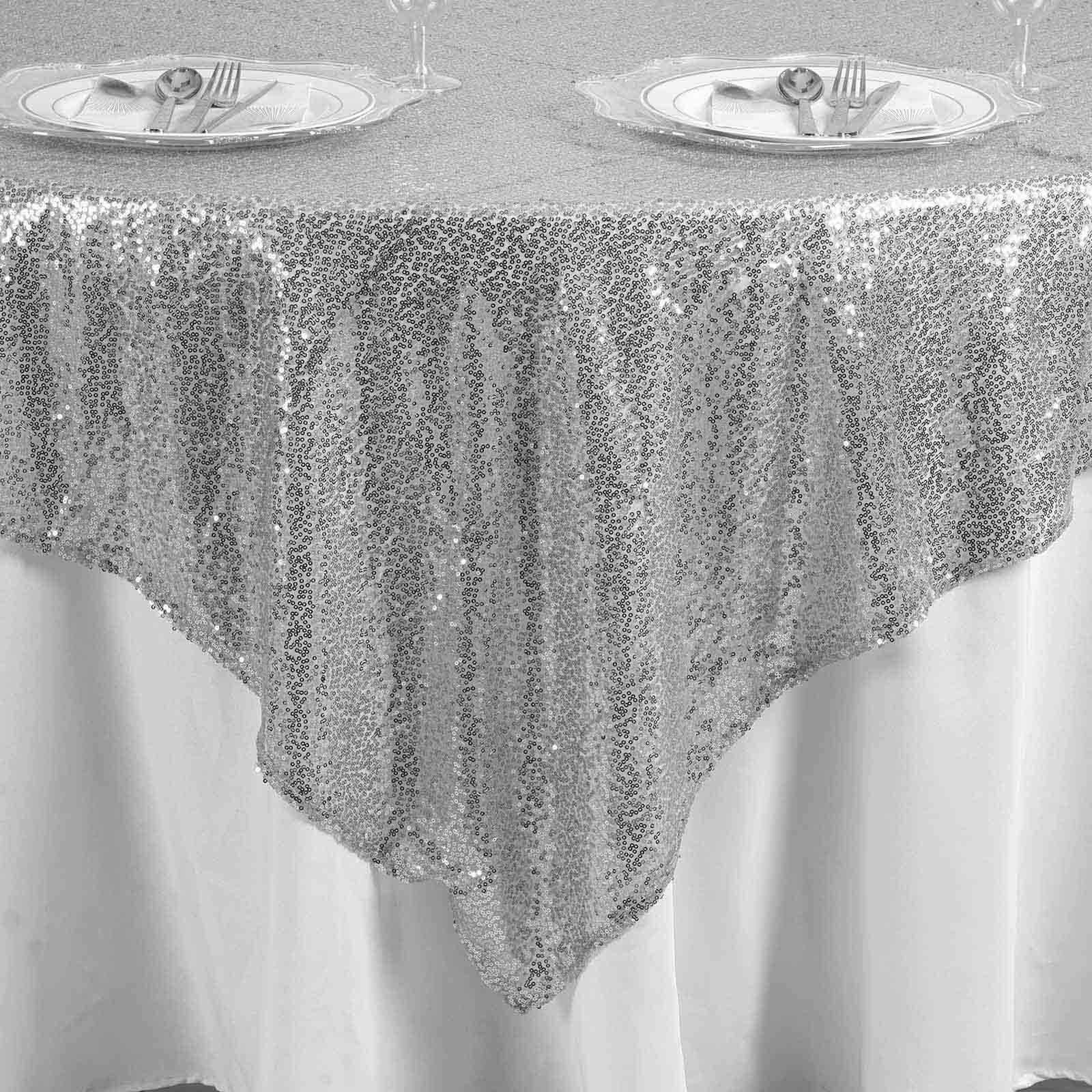 Sequin 90"x90" Table Overlay Square Tablecloth Silver - Sparkly Table Cover - Linen Luxes