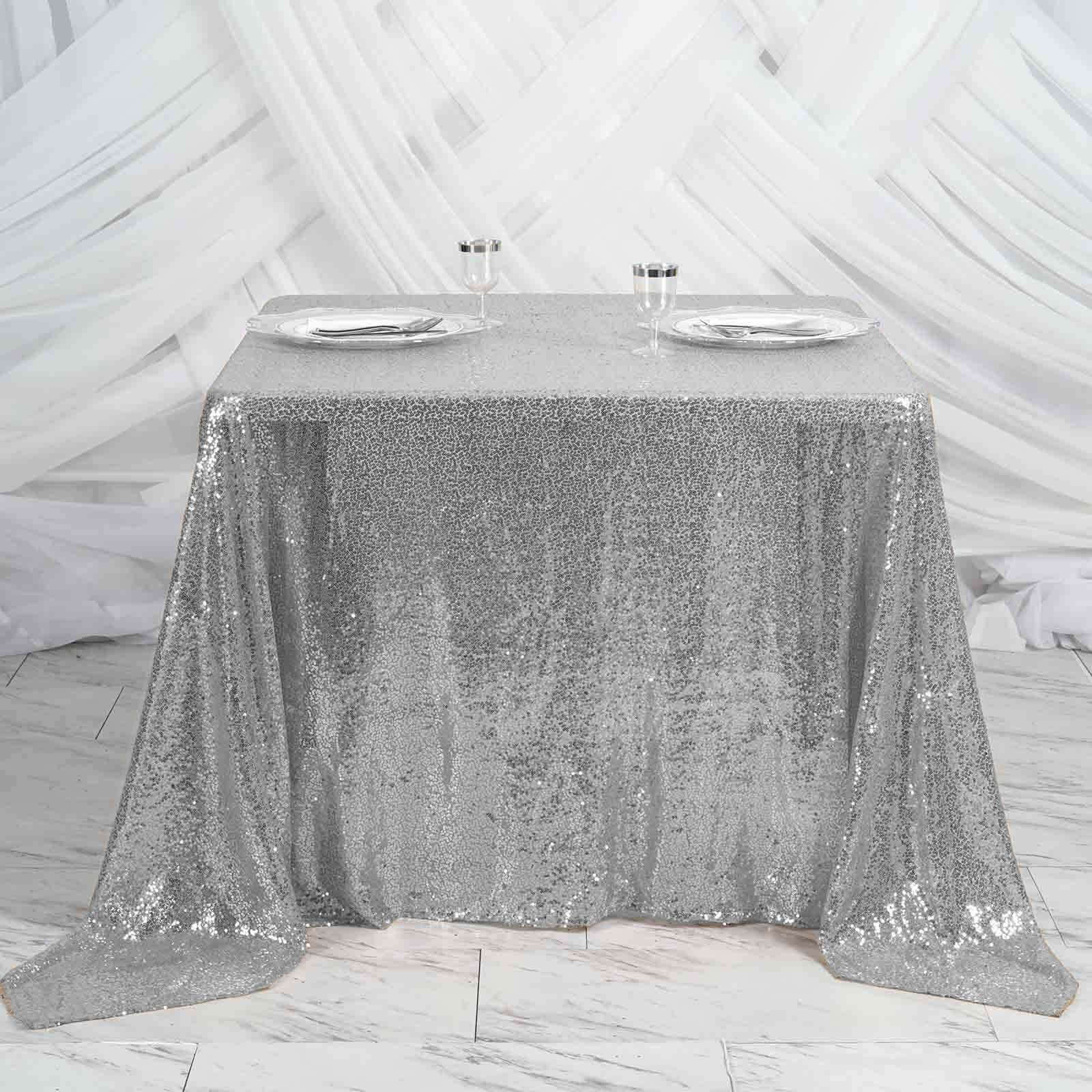 Sequin 90"x90" Table Overlay Square Tablecloth Silver - Sparkly Table Cover - Linen Luxes