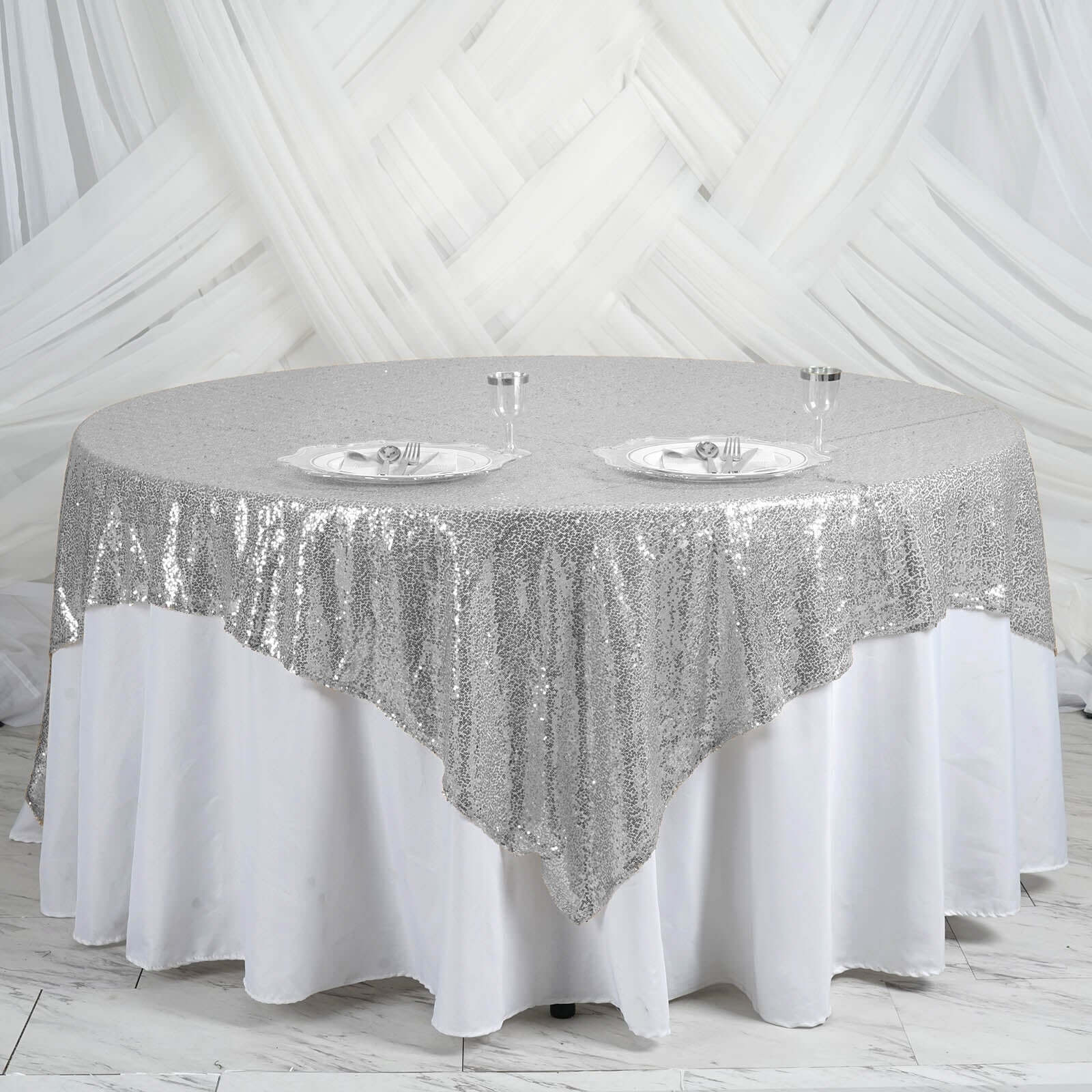 Sequin 90"x90" Table Overlay Square Tablecloth Silver - Sparkly Table Cover - Linen Luxes