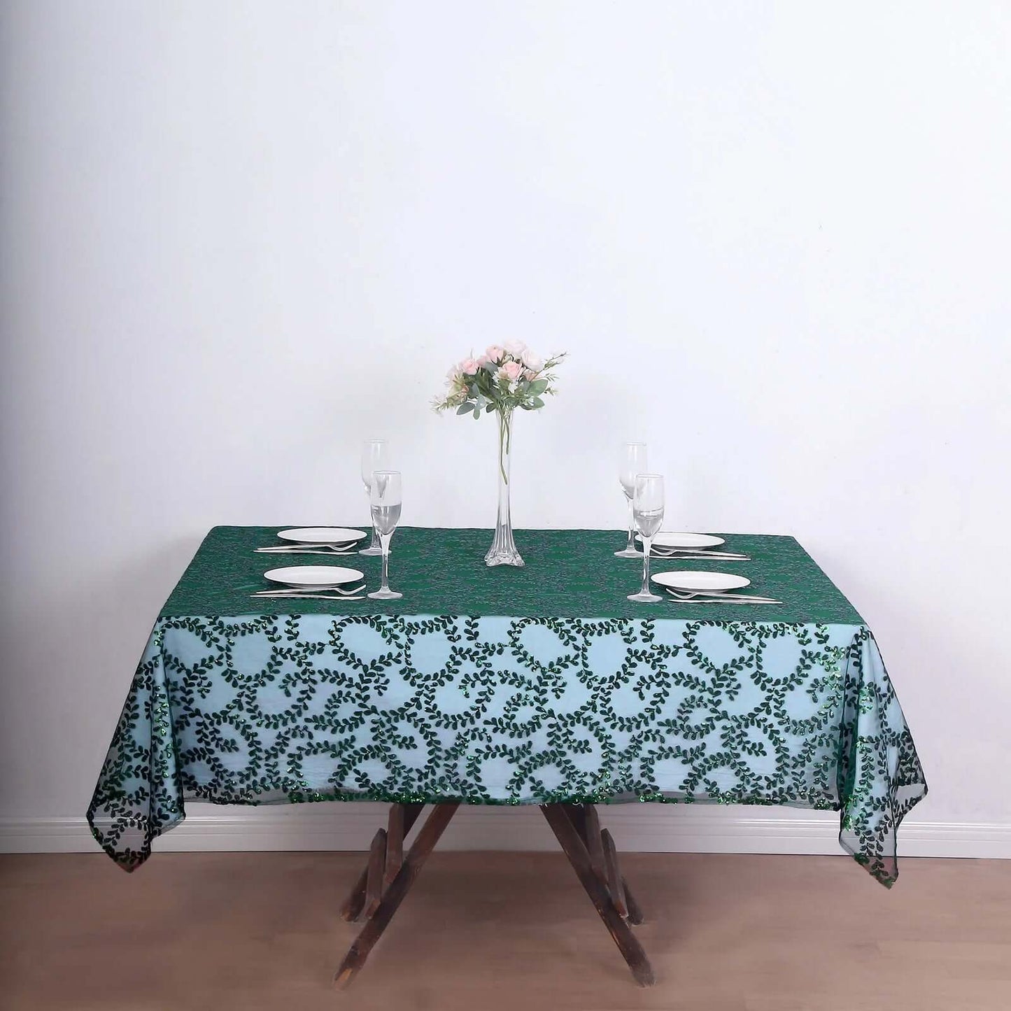 Tulle 72"x72" Table Overlay Square Tablecloth Hunter Emerald Green - Sequin Leaf Embroidered Table Topper
